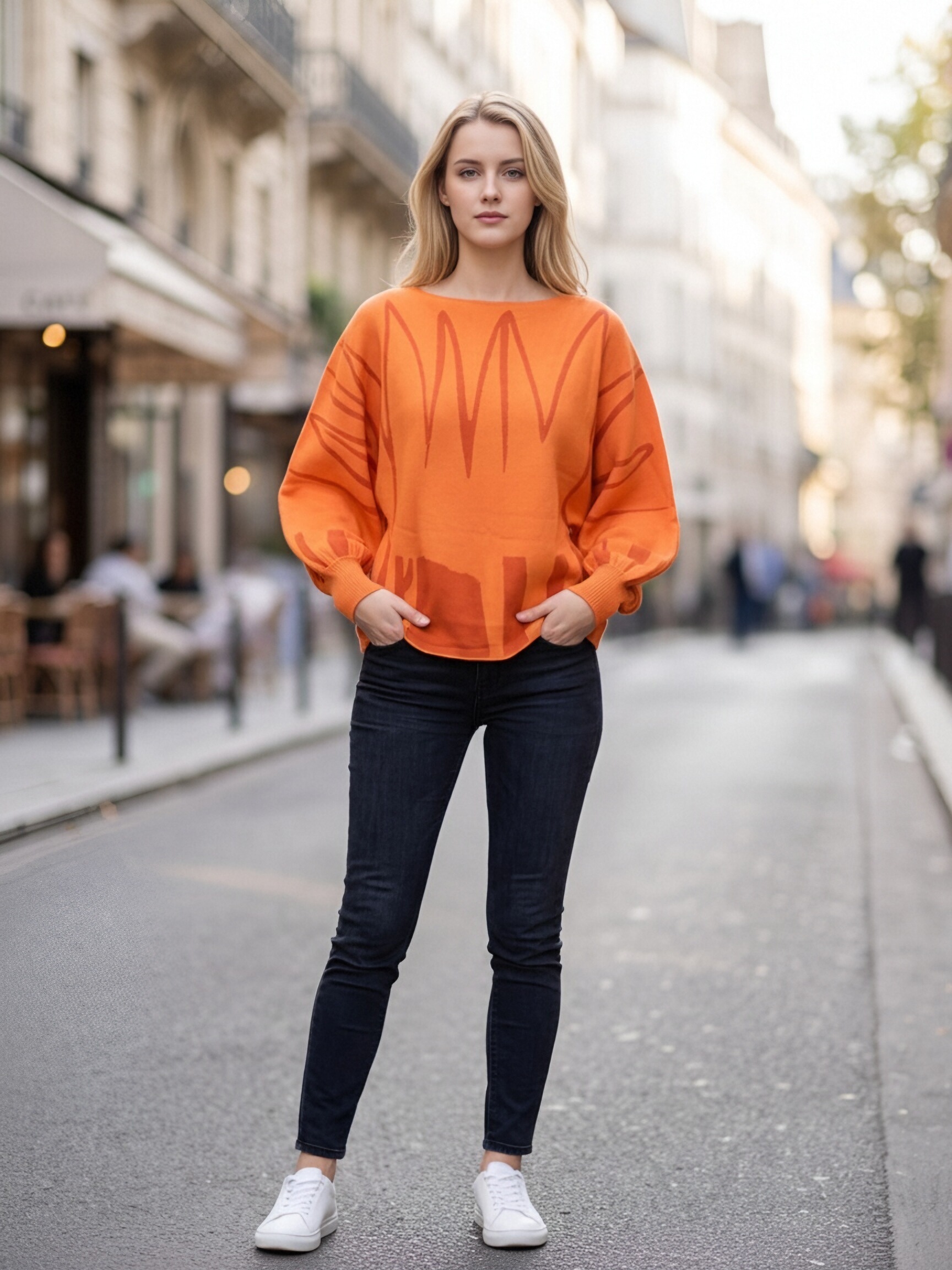 Women Boat Neck Abstract Geometric Print Knit Sweater, Lantern Long Sleeve Loose Drop‑Shoulder Pullover, Casual Cropped Knit Top view 7
