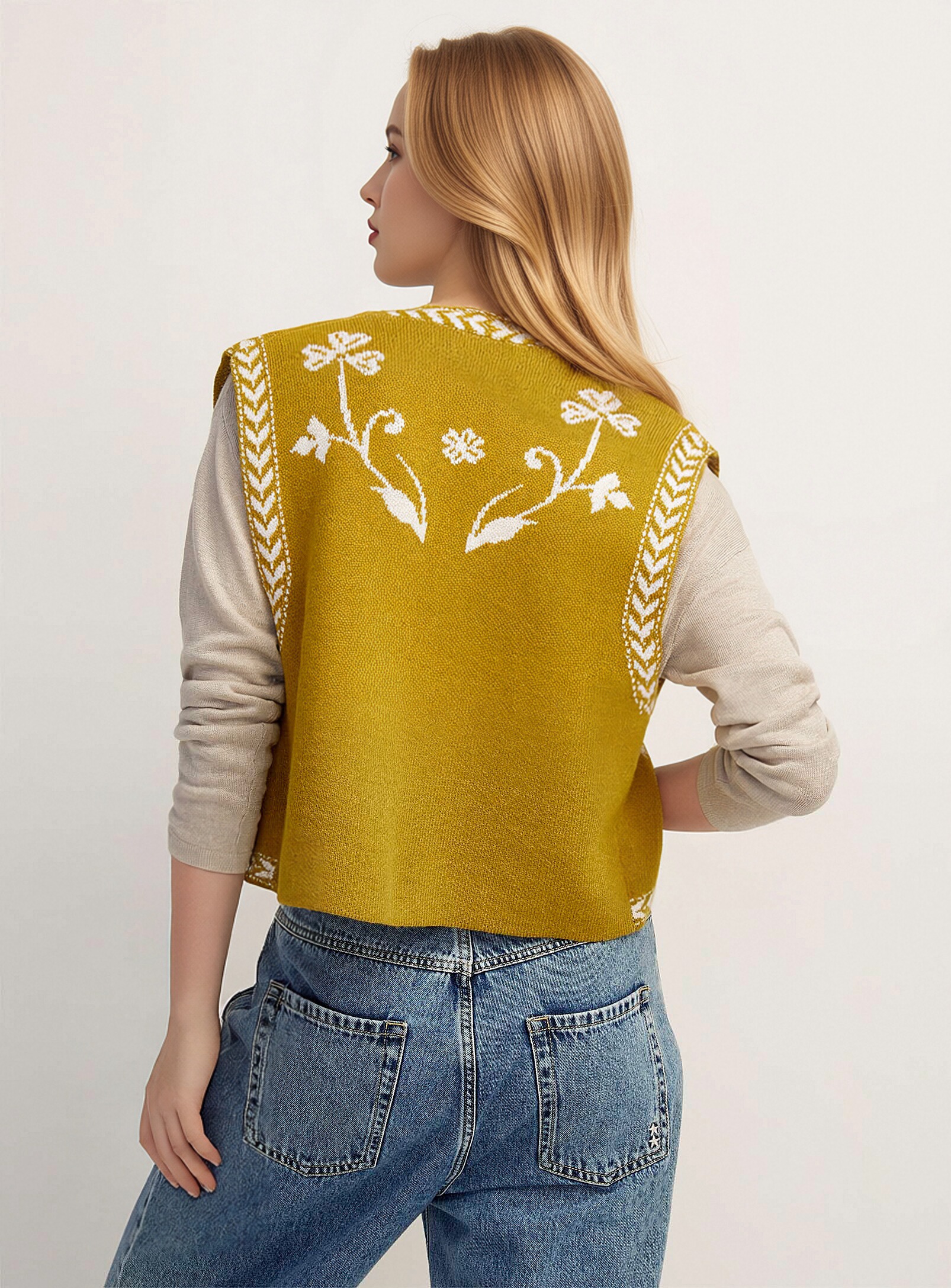 Women Vintage Floral Jacquard Knit Vest, Open Front Sleeveless Cardigan Waistcoat, Boho Ethnic Print Layering Knit Top view 4