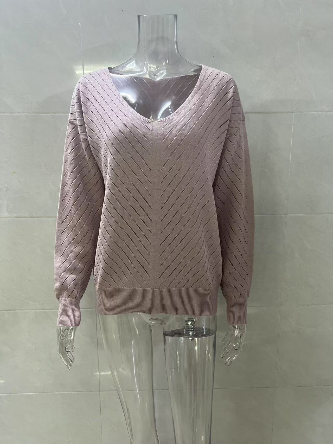Women V‑Neck Long Sleeve Hollow Knit Sweater Top, Diagonal Textured Loose Casual Pullover Jumper, Lightweight Knit Blouse For Autumn view 9