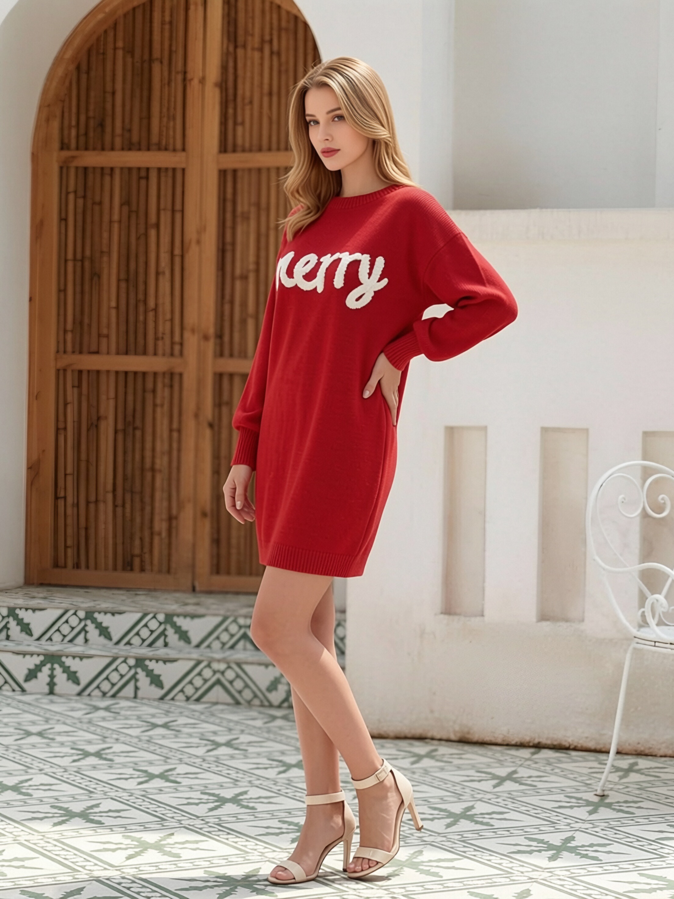 Women Christmas Merry Letter Embroidery Sweater Dress, Crew Neck Long Sleeve Loose Oversized Mini Knit Dress, Fall Winter Casual Pullover Tunic Dress view 3