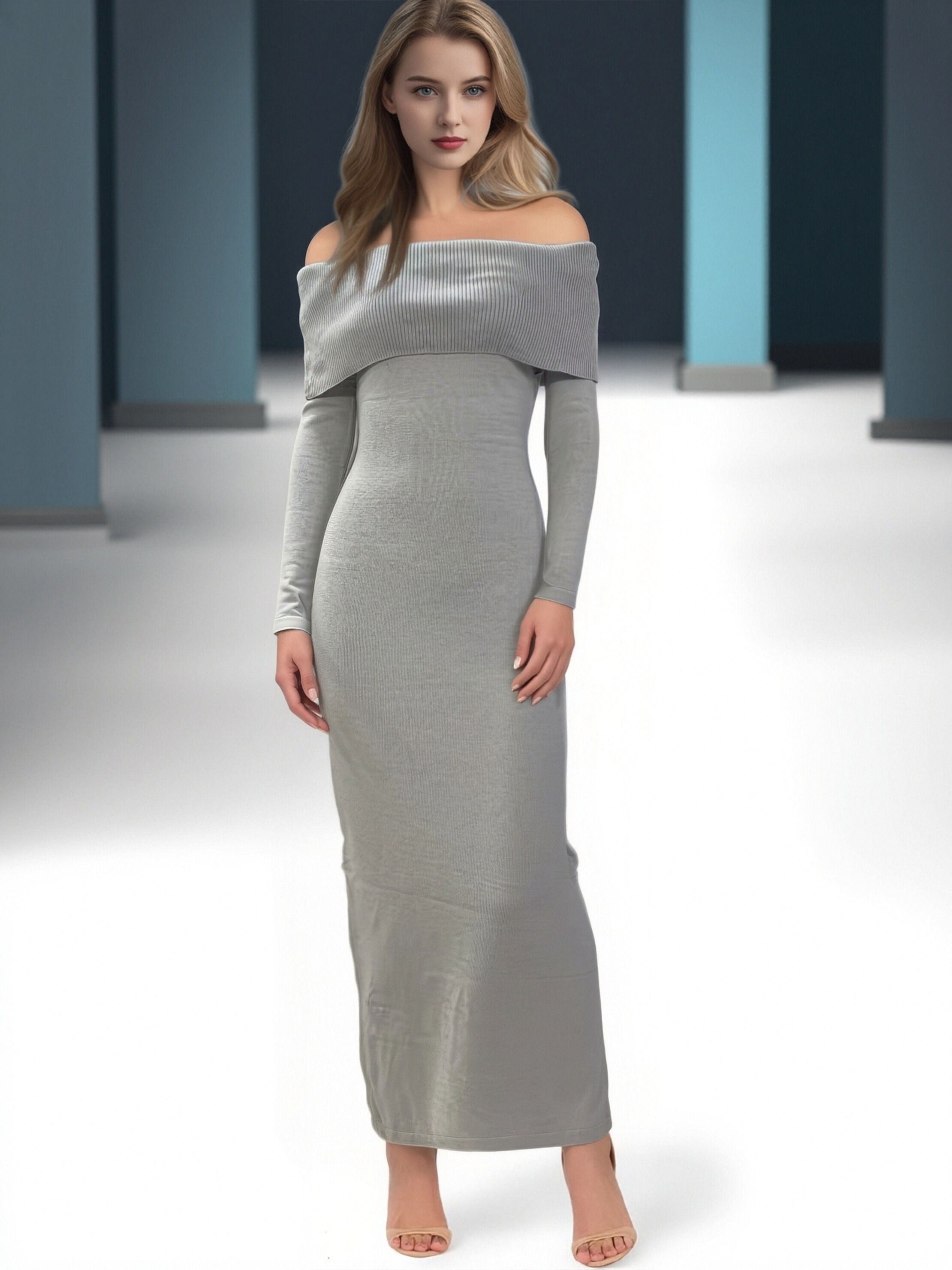 Women Fold Over Off Shoulder Long Sleeve Maxi Dress, Ribbed Knit Bodycon Floor Length Party Dress, Elegant Slim Fit Evening Midi Dress view 5