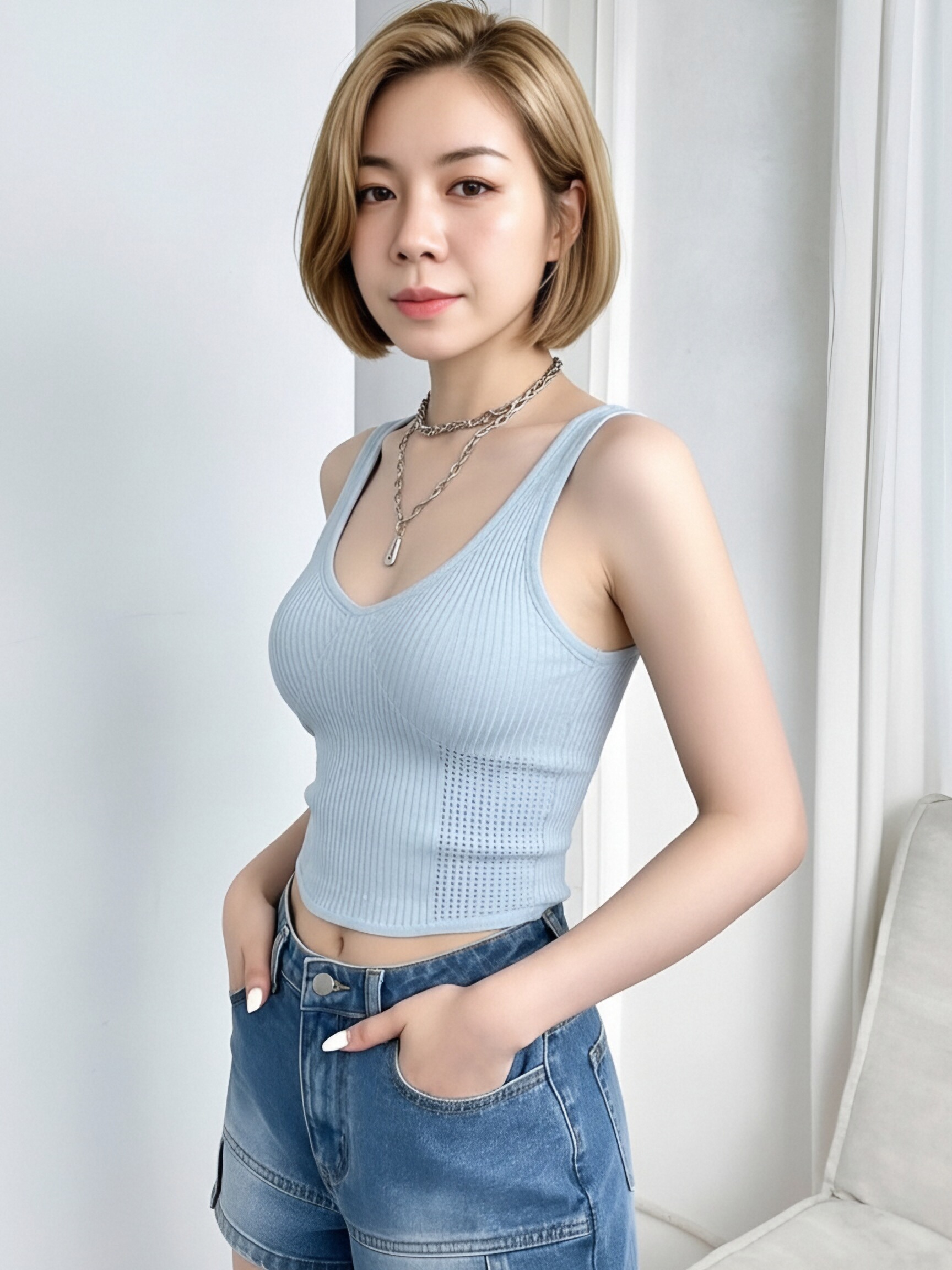 Women Light Blue Ribbed Knit Crop Tank Top, Deep U Neck Hollow Mesh Splice Slim Sleeveless Camisole, Summer Breathable Y2K Cropped Vest view 5