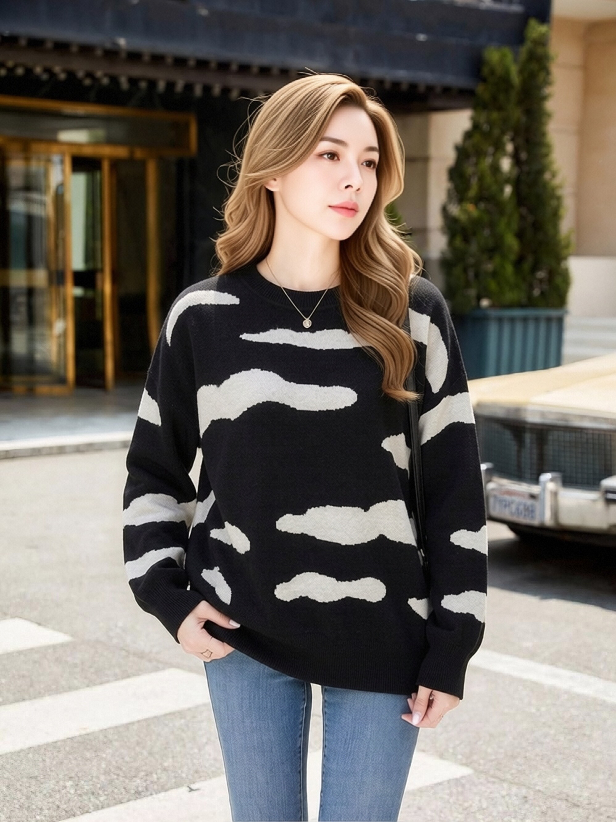 Women Black White Cloud Print Crew Neck Knit Sweater, Loose Oversized Long Sleeve Pullover Top, Casual Soft Knit Daily Streetwear Jumper view 5