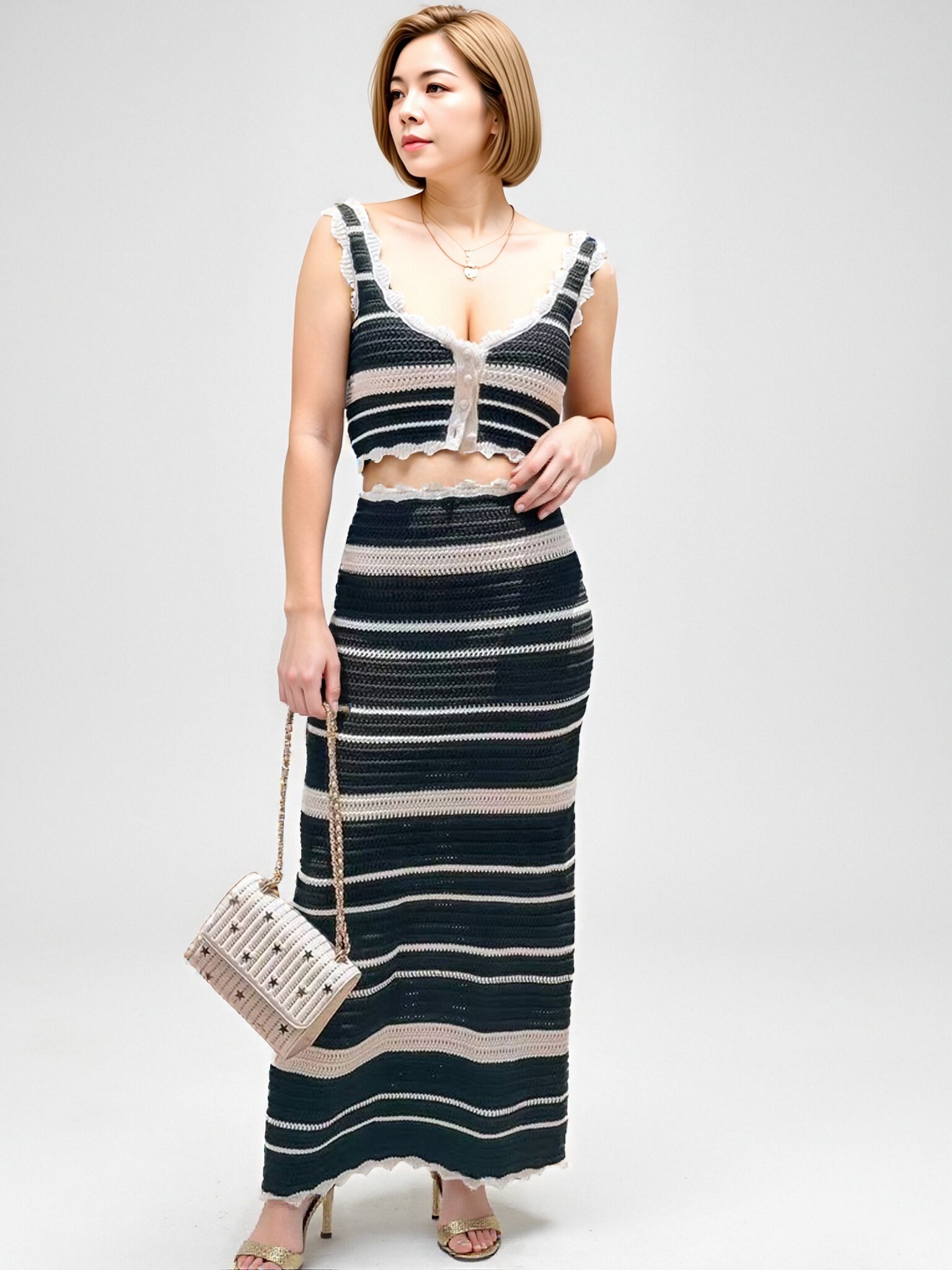 Women Striped Knit 2 Piece Skirt Set, Ruffle Trim Spaghetti Strap Button Crop Cami Top + High Waist Bodycon Maxi Skirt, Hollow Out Contrast Stripe Vacation Matching Outfit view 3