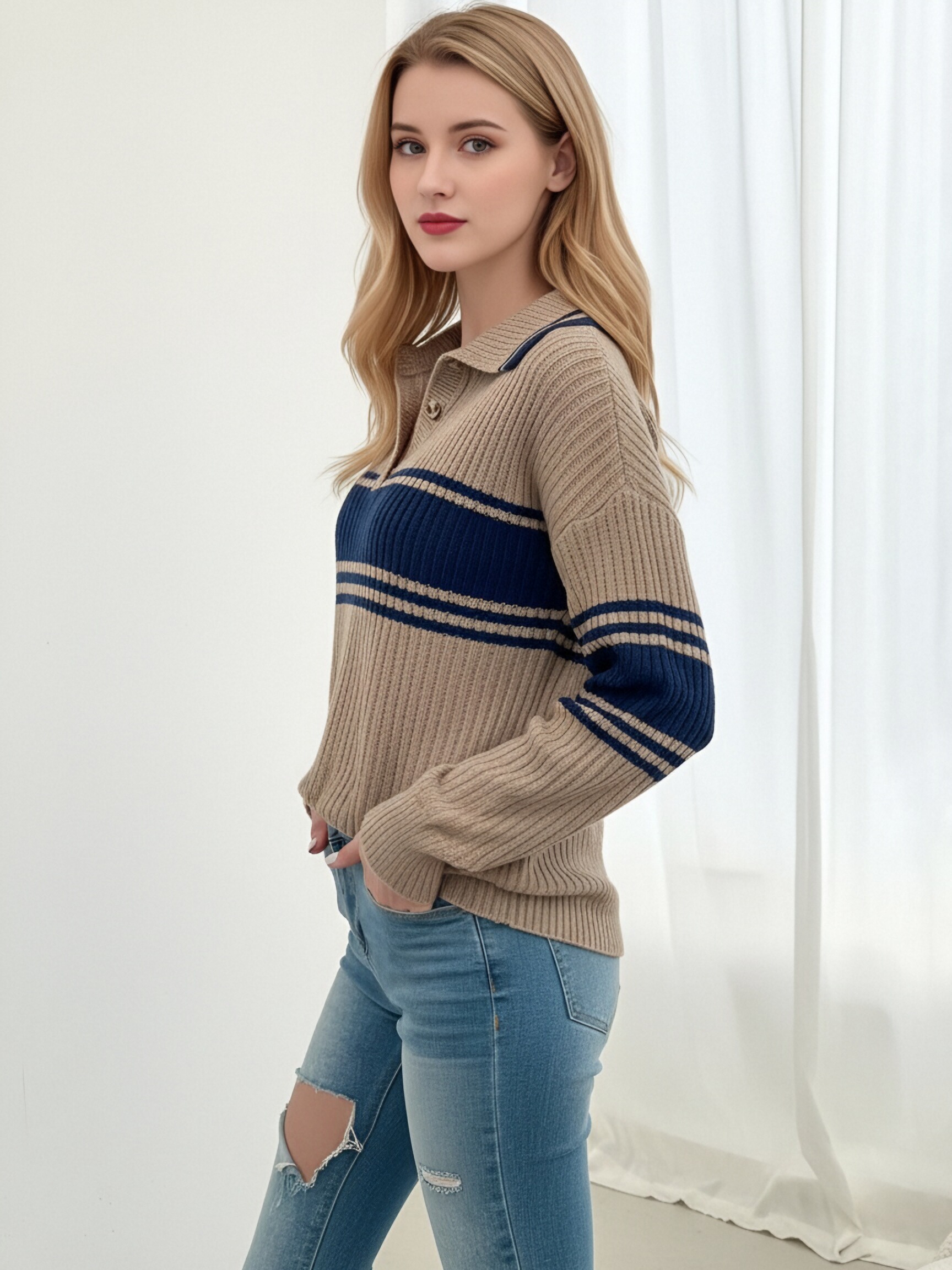 Women Lapel Half Zip Striped Knit Sweater, Khaki Navy Color Block Ribbed Pullover Jumper, Loose Drop Shoulder Long Sleeve Preppy Casual Knit Top for Spring Autumn view 4