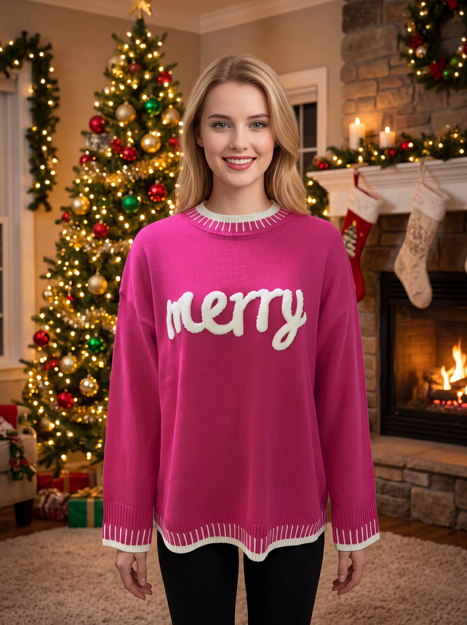Women Merry Letter Embroidery Christmas Sweater, Crew Neck Contrast Trim Long Sleeve Loose Knit Pullover, Holiday Party Knit Top view 6