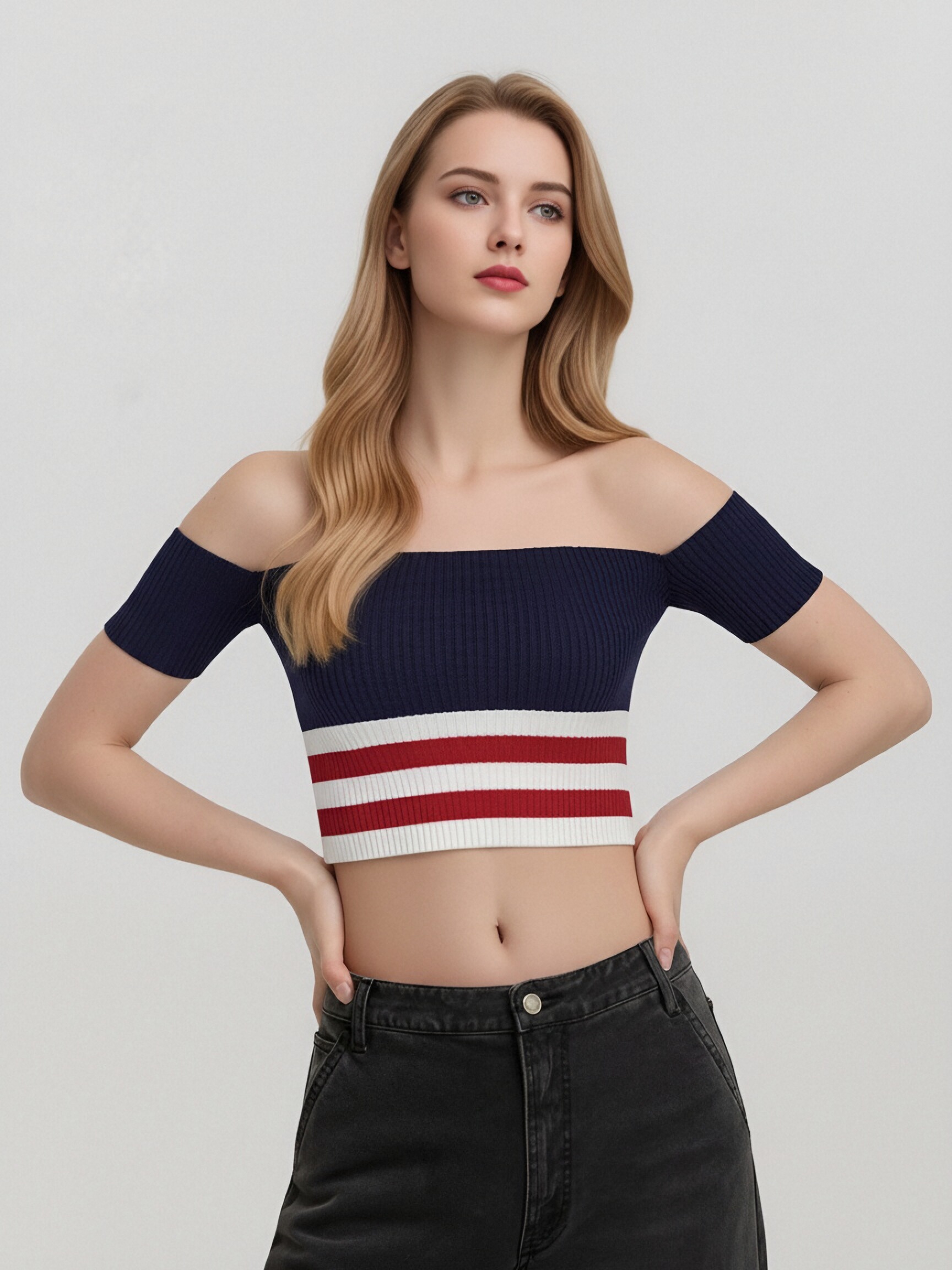 Women Off Shoulder Short Sleeve Ribbed Knit Crop Top, Navy White Red Stripe Color Block Slim Fit Y2K Cropped Knit Tee, Summer Casual Striped Bandeau Knit Blouse view 3