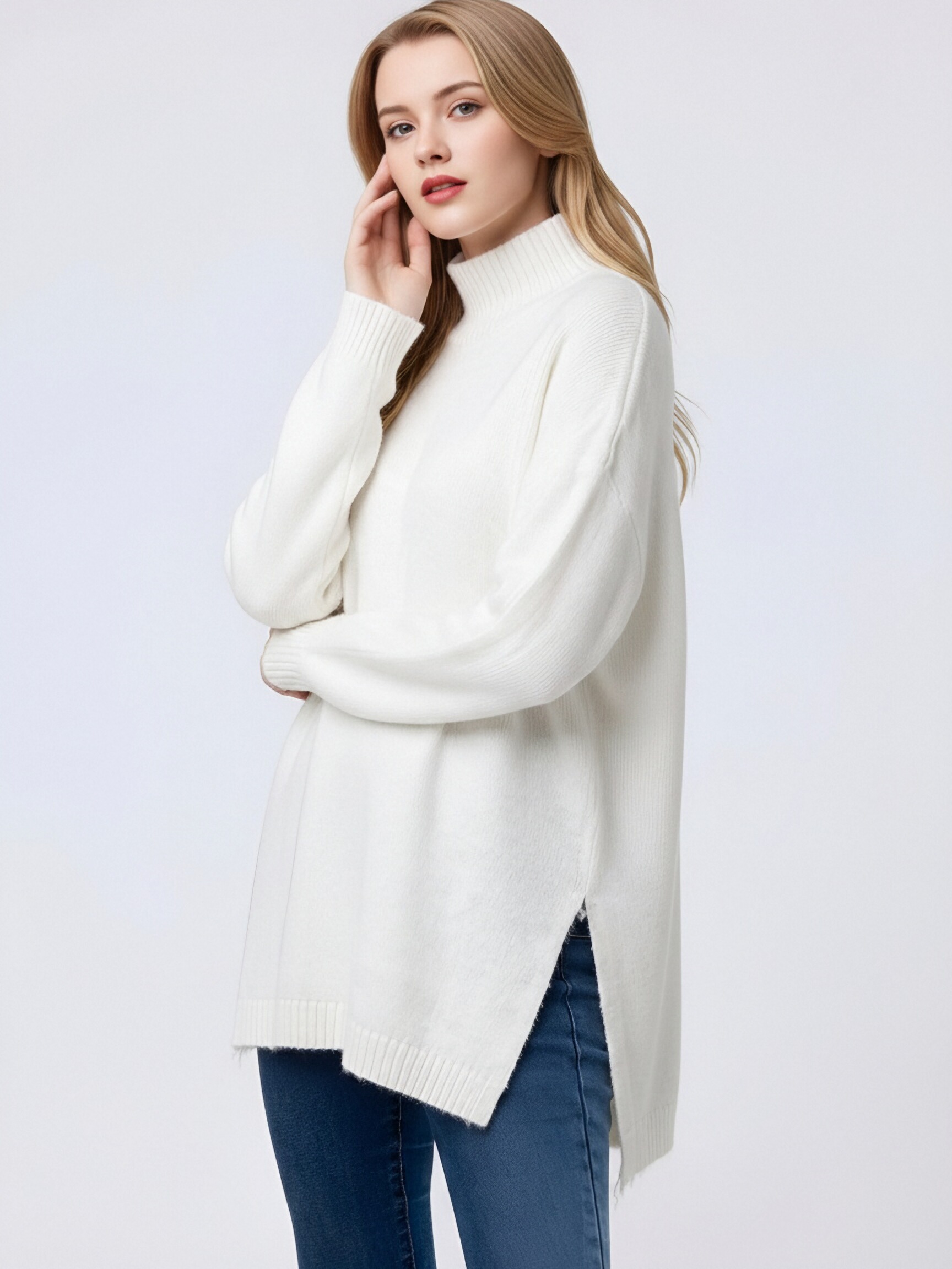 Oversized White Turtleneck Knit Sweater For Women, Loose Long Sleeve Slit Hem Mid-Length Pullover, Soft Casual High Neck Side Split Knit Jumper