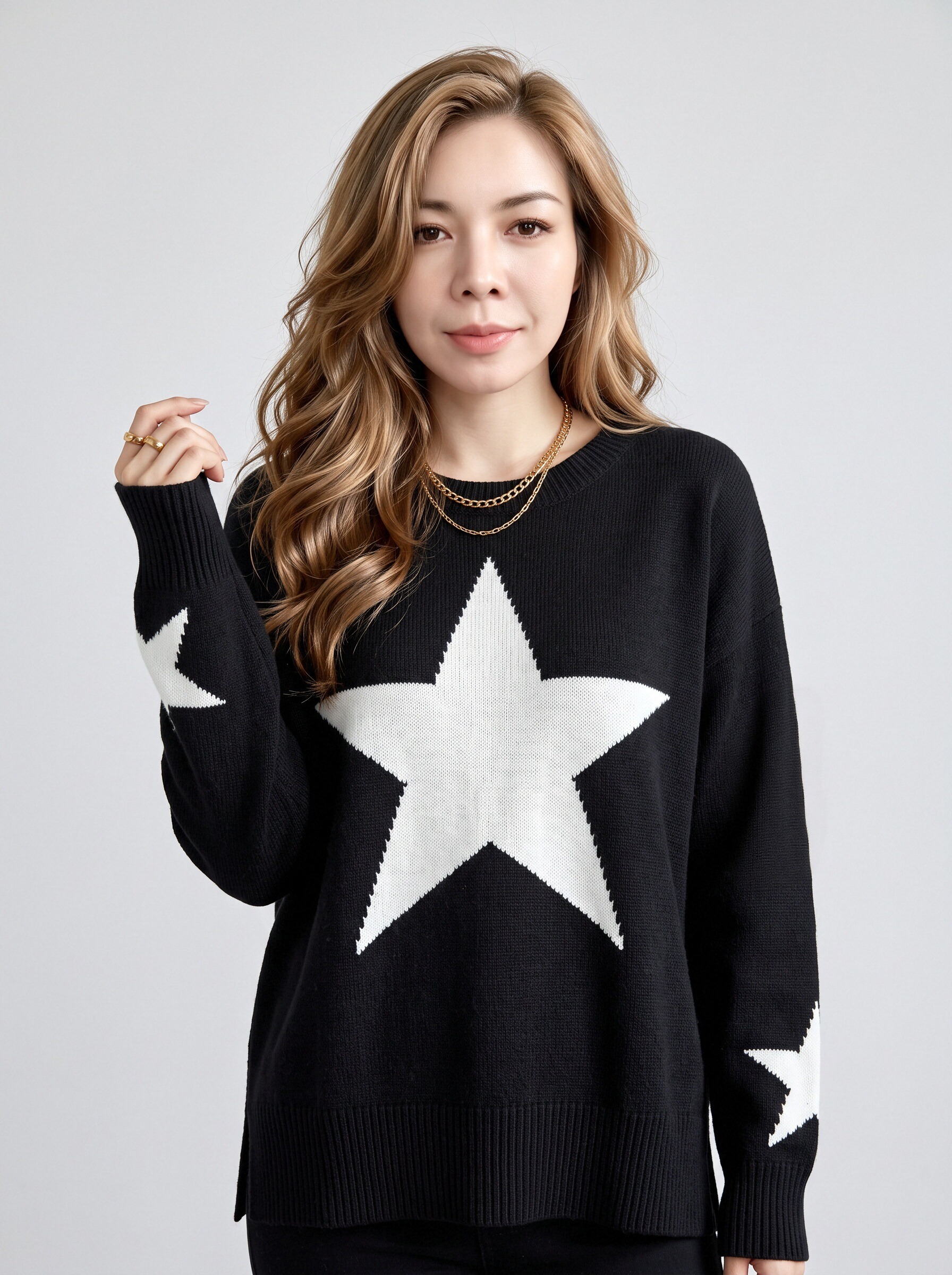 Women Star Pattern Knit Sweater,Oversized Drop Shoulder Crew Neck Pullover,Fall Winter Casual Jumper view 4
