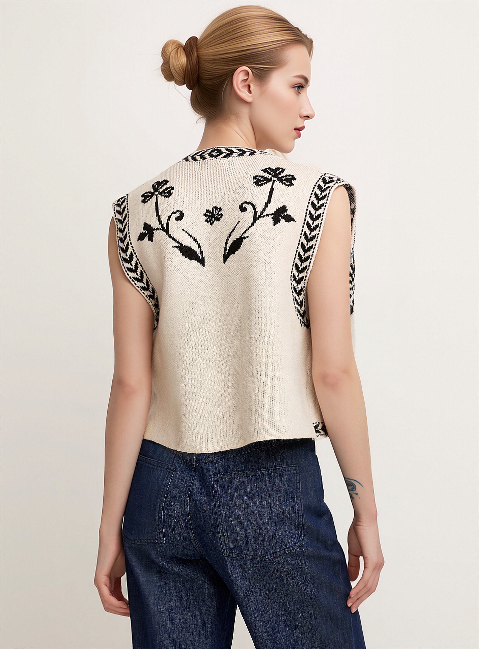 Women Vintage Floral Jacquard Knit Vest, Open Front Sleeveless Cardigan Waistcoat, Boho Ethnic Print Layering Knit Top view 7