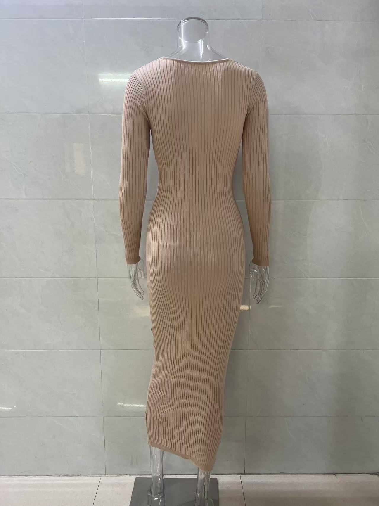 Women Beige V‑Neck Twist Front Long Sleeve Knit Midi Dress, Ribbed Bodycon Sweater Dress, Slim Fit Casual Party Pencil Long Dress view 10