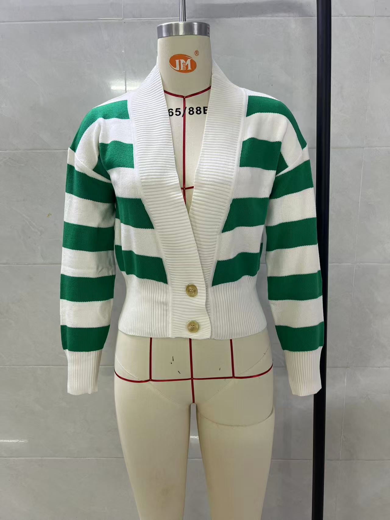 Women Striped V‑Neck Cropped Knit Cardigan, Long Sleeve Button‑Down Loose Drop Shoulder Short Sweater Coat, Casual Color Block Knit Jacket view 11