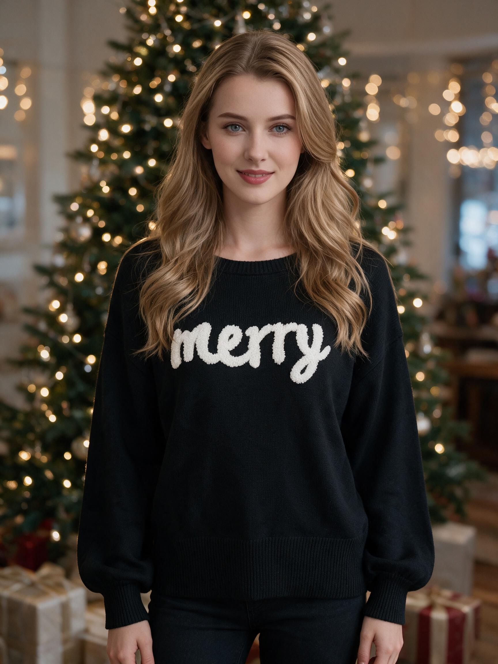 Women Merry Letter Chenille Patch Christmas Sweater, Crew Neck Long Sleeve Drop Shoulder Loose Knit Pullover, Fall Winter Holiday Casual Knit Top view 7