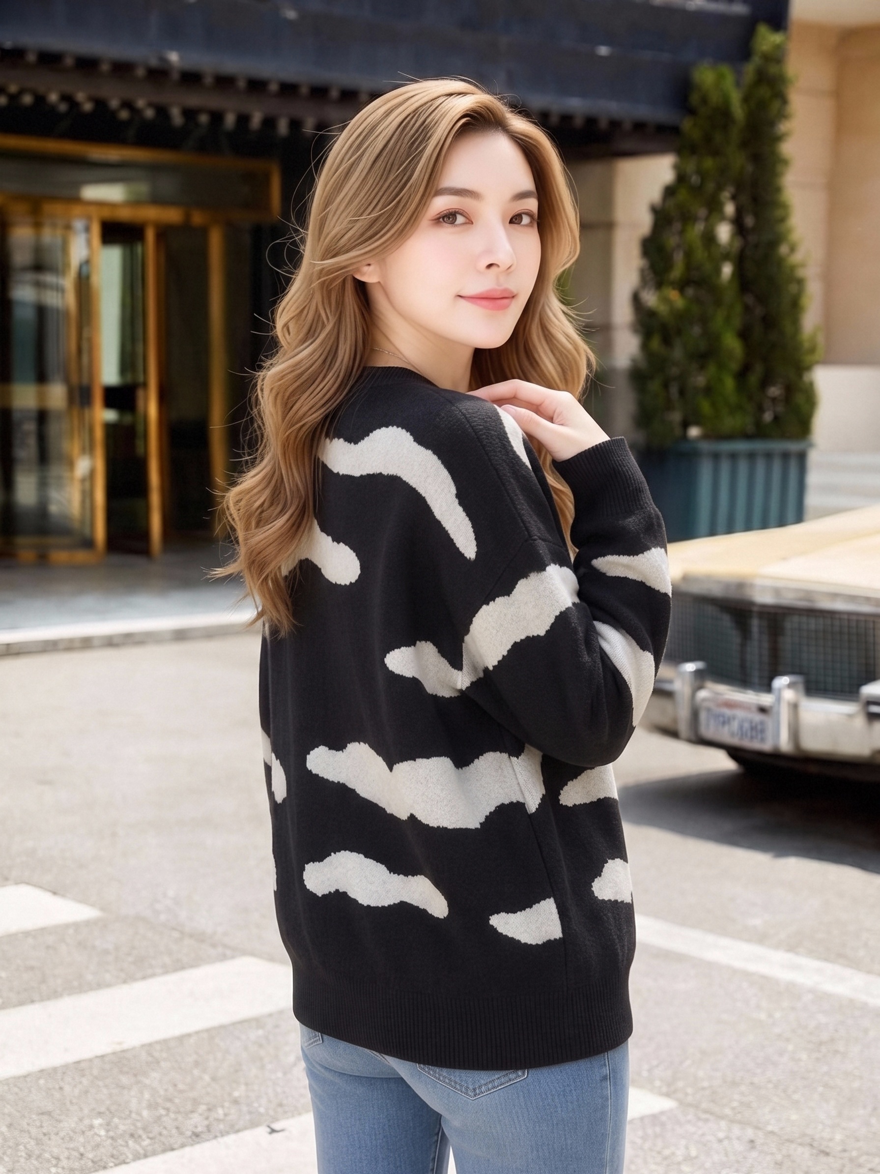 Women Black White Cloud Print Crew Neck Knit Sweater, Loose Oversized Long Sleeve Pullover Top, Casual Soft Knit Daily Streetwear Jumper view 4