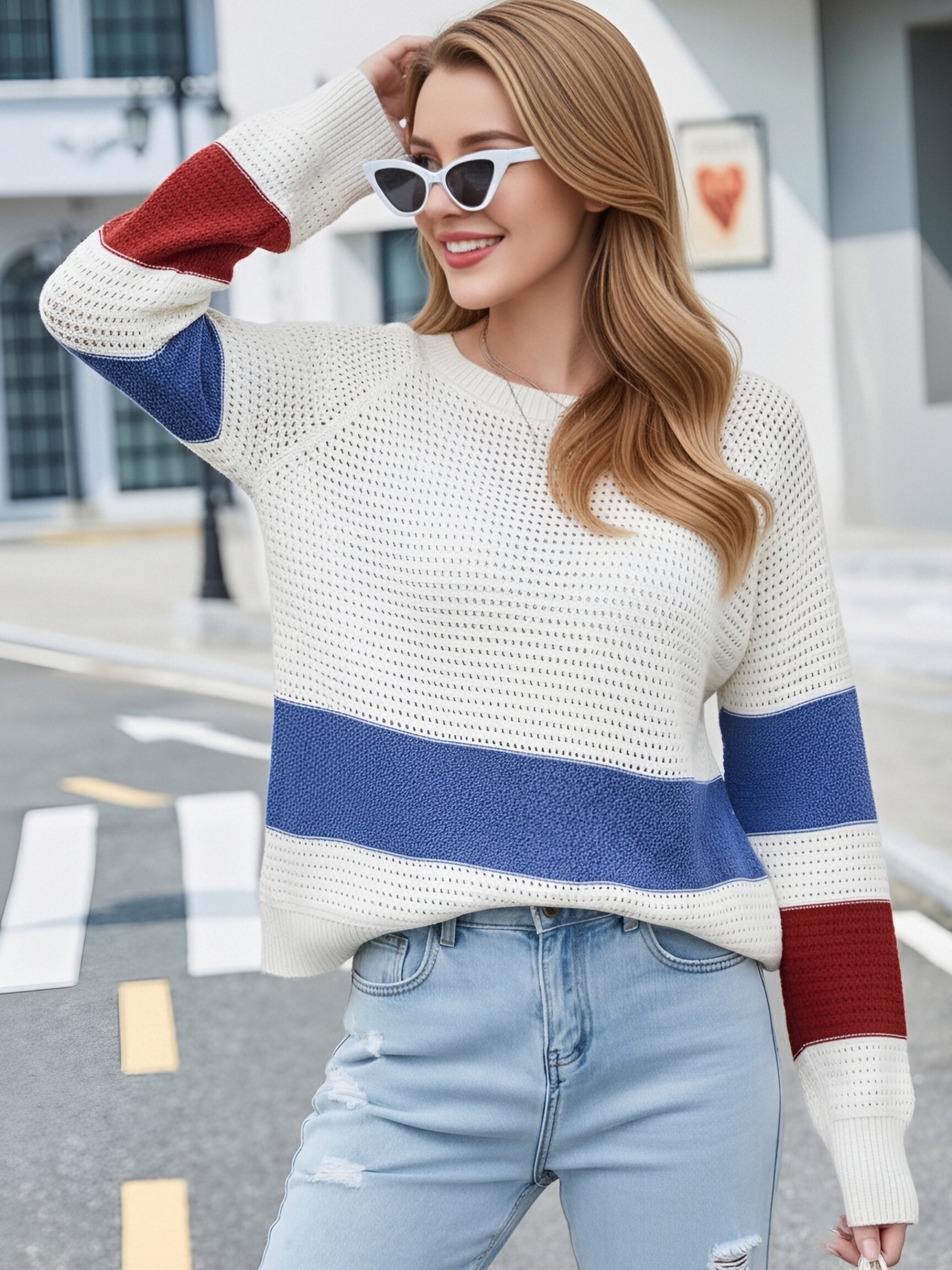 Women Color Block Striped Hollow Knit Sweater, Round Neck Raglan Long Sleeve Loose Pullover, Retro White Blue Red Contrast Stripe Hollow Out Jumper view 3