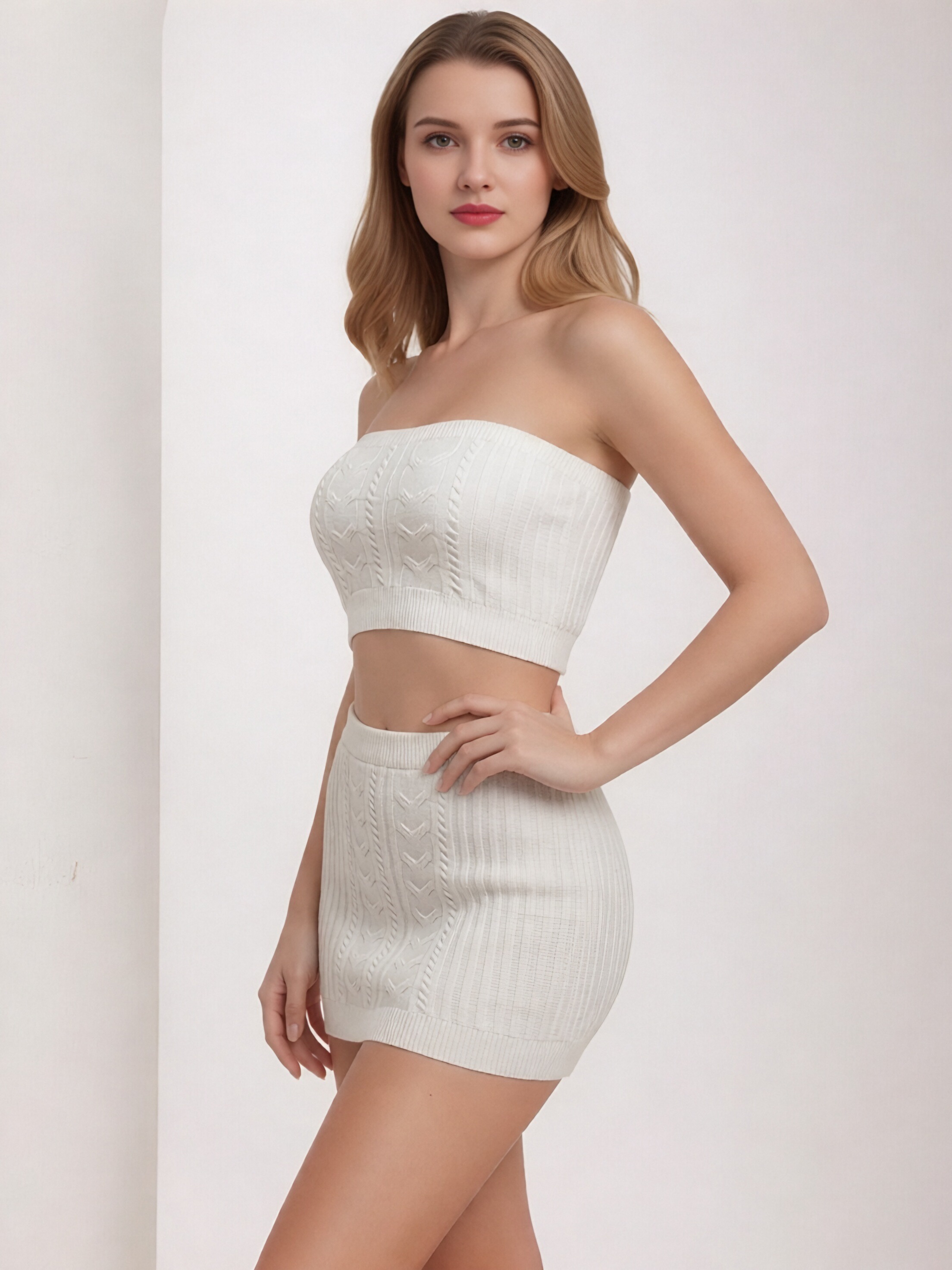 Women White Cable Knit Two Piece Matching Set, Strapless Tube Crop Top & High Waist Bodycon Mini Skirt, Textured Ribbed Knit Summer Y2K Outfit Set view 3