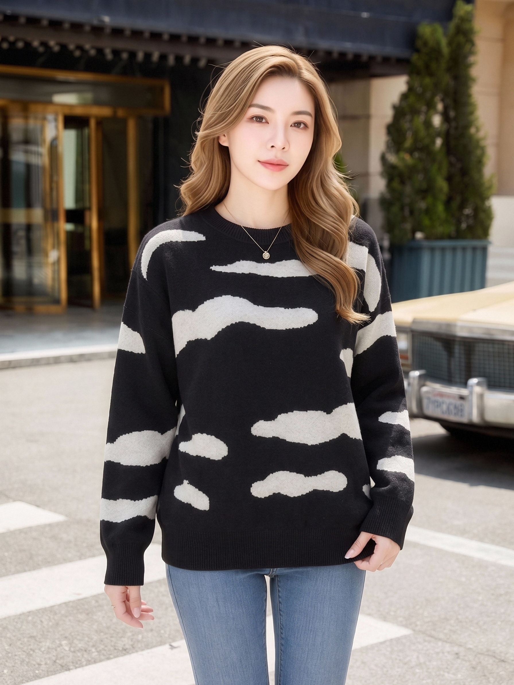 Women Black White Cloud Print Crew Neck Knit Sweater, Loose Oversized Long Sleeve Pullover Top, Casual Soft Knit Daily Streetwear Jumper