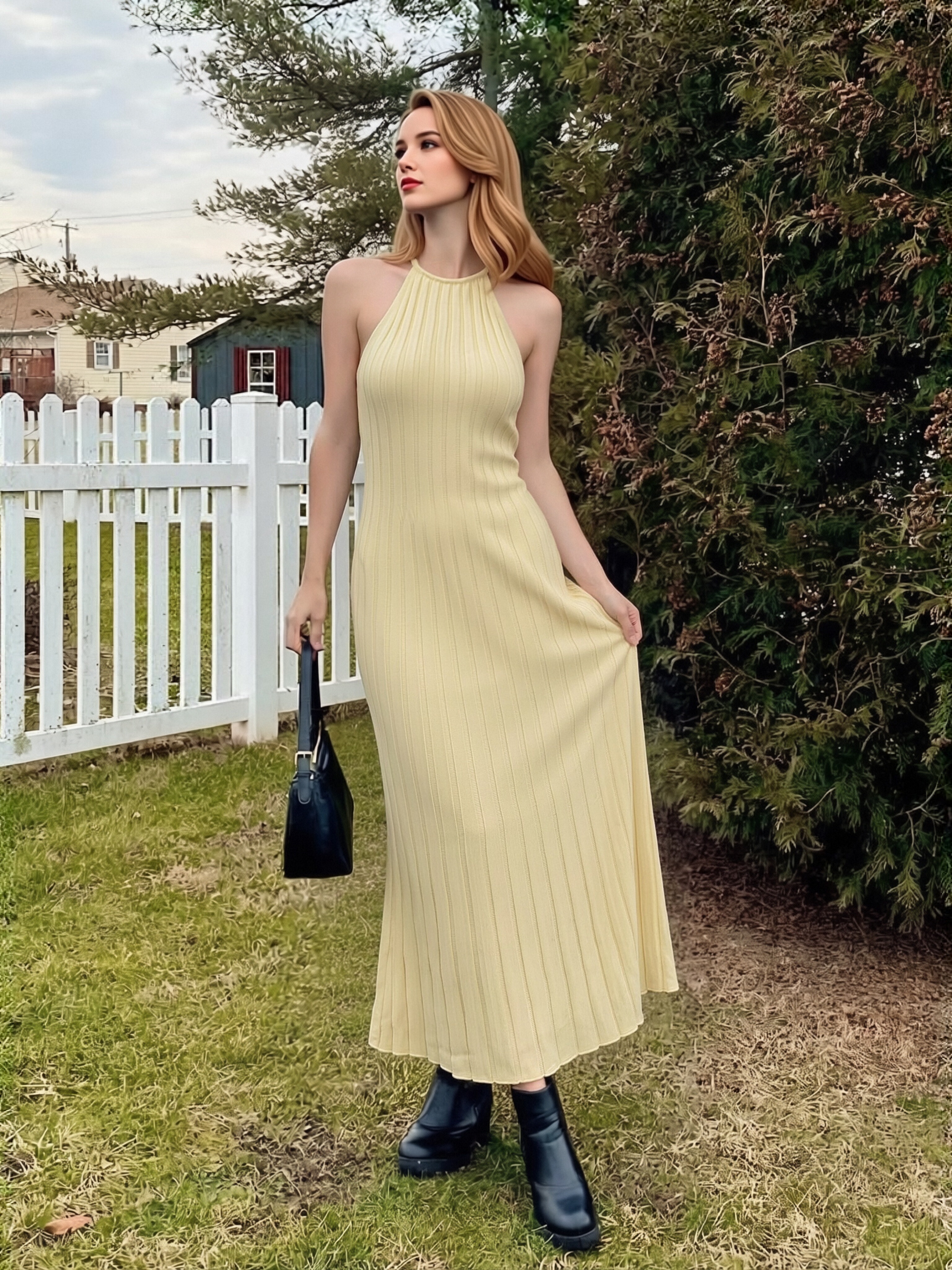 Women Halter Vertical Rib Knit Maxi Dress Sleeveless Bodycon Flared Hem Long Dress Solid Color Elegant Slim Vacation Dress view 3