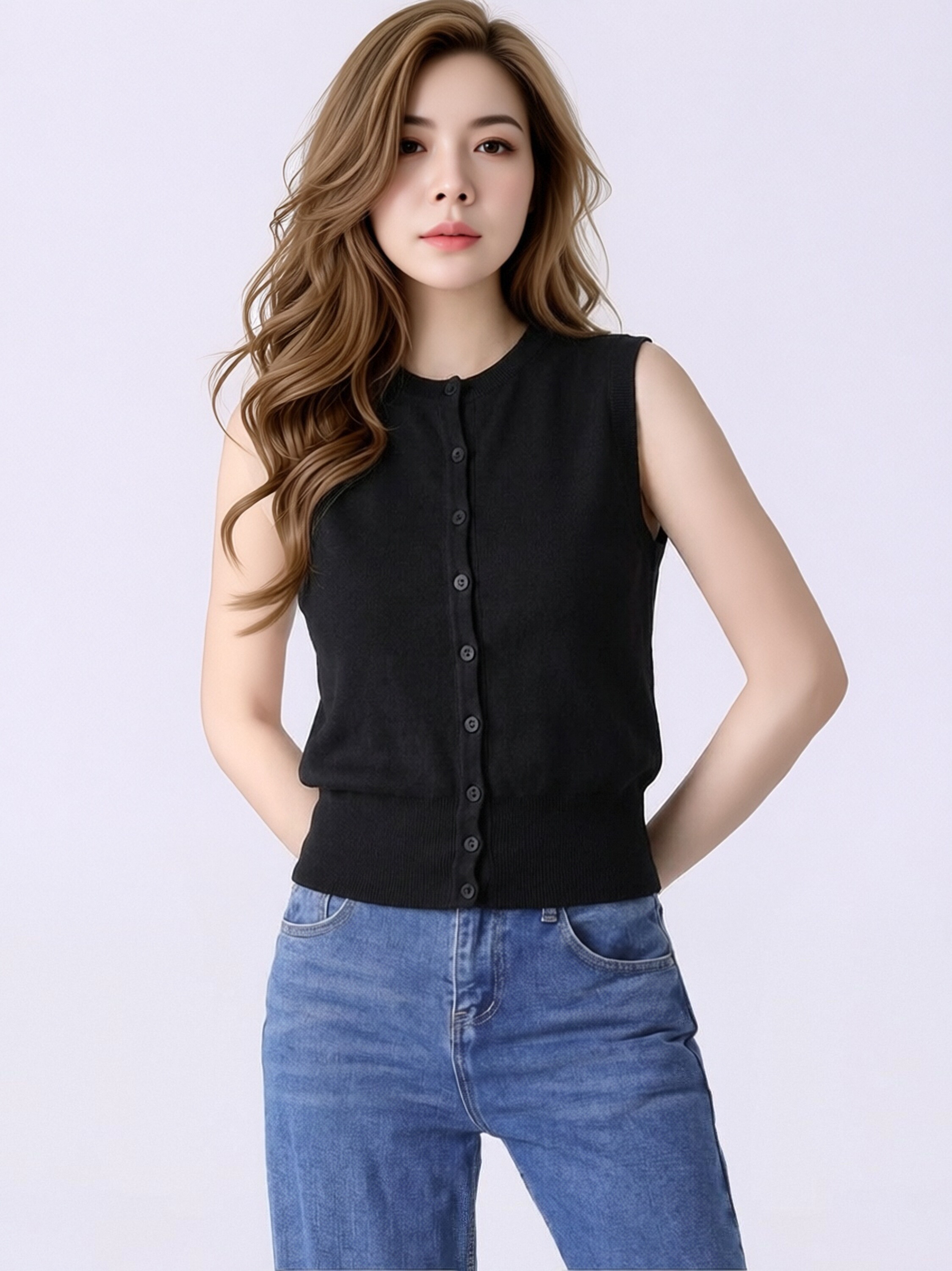 Women Solid White Crew Neck Knit Vest, Sleeveless Button Front Cropped Knit Cardigan, Slim Rib Hem Layering Knit Tank Top view 7