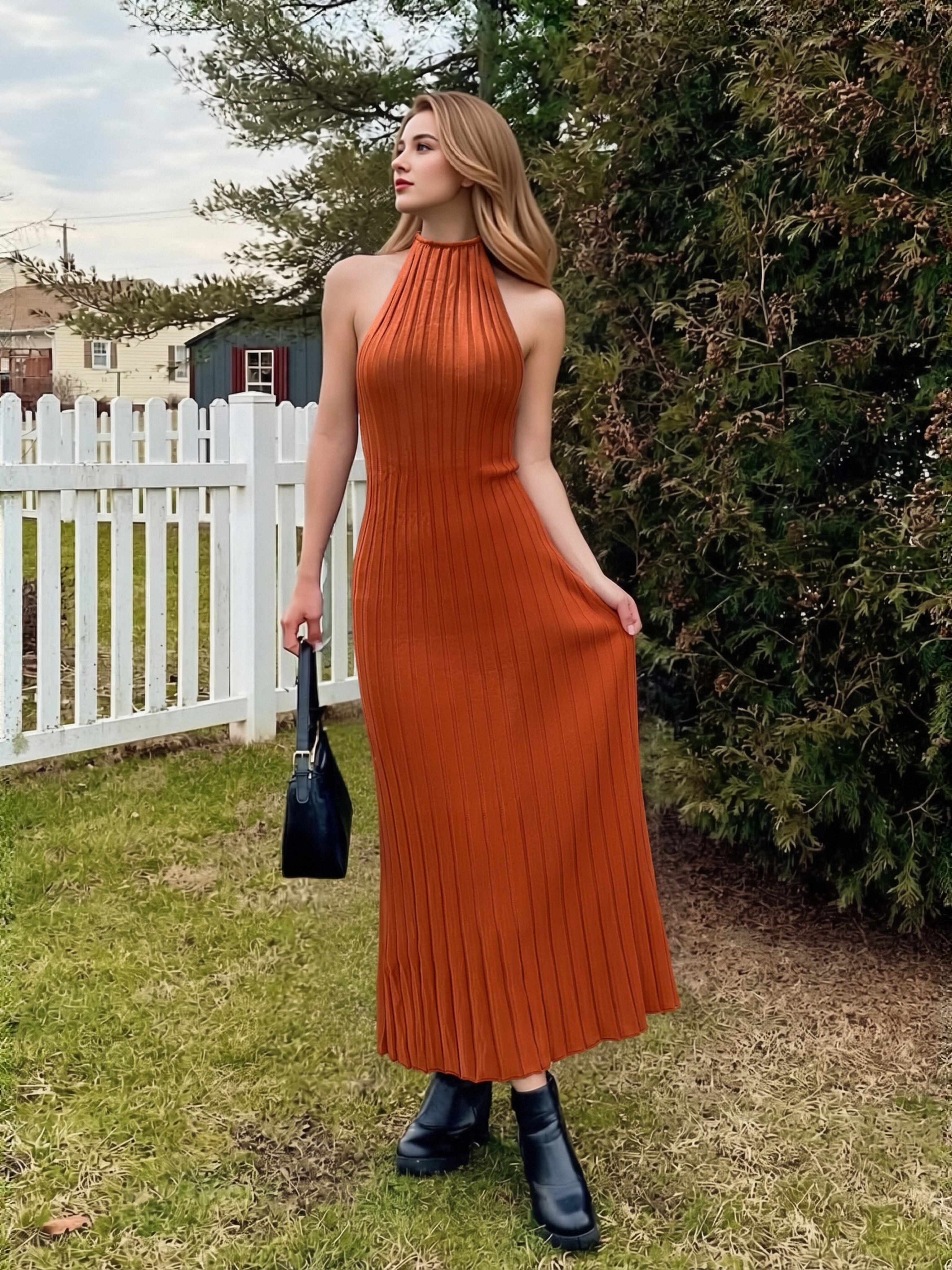 Women Halter Vertical Rib Knit Maxi Dress Sleeveless Bodycon Flared Hem Long Dress Solid Color Elegant Slim Vacation Dress view 8