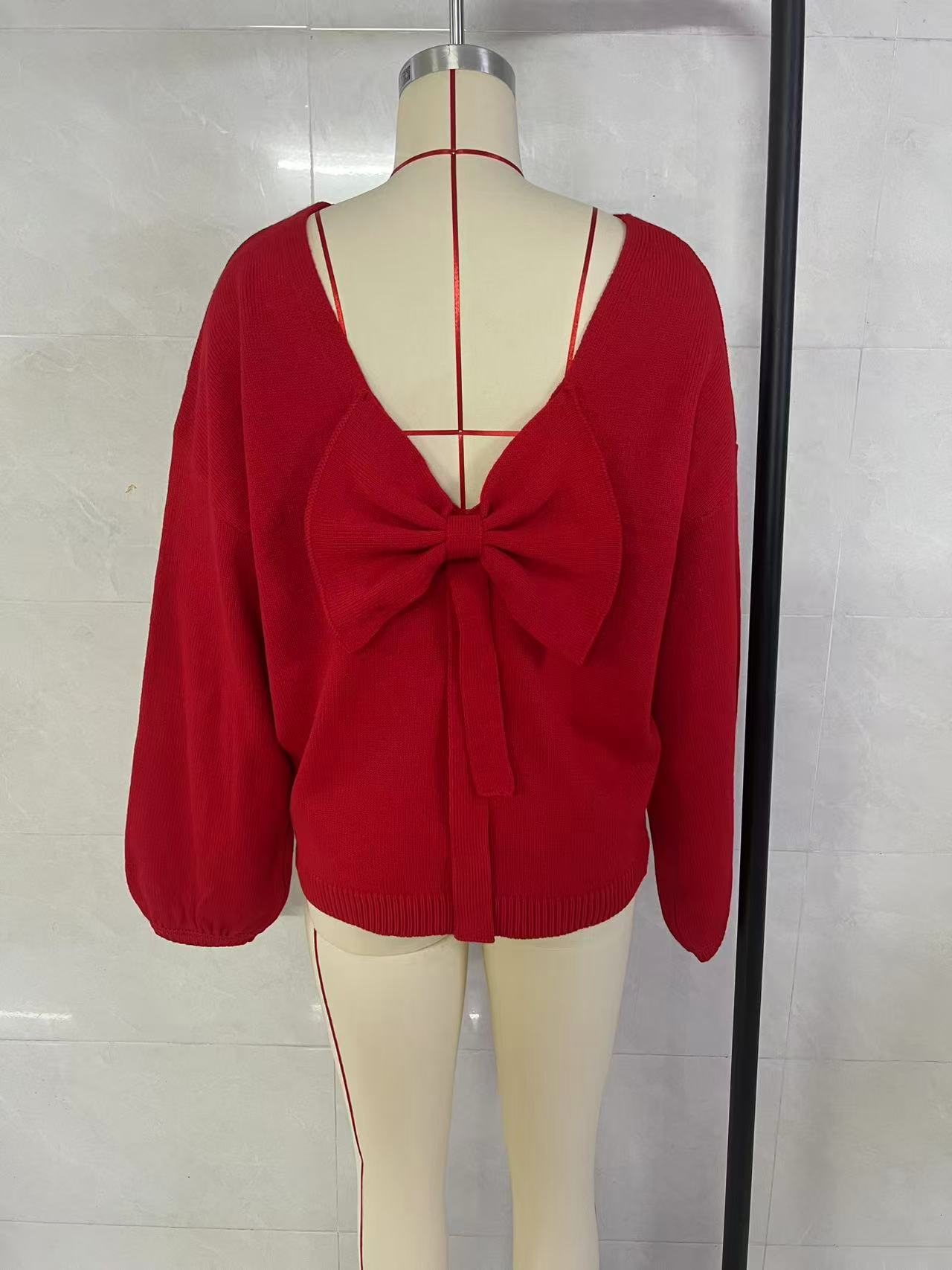 Women Back Big Bow Knit Sweater, Long Sleeve Drop Shoulder Loose Pullover, Backless V‑Back Sweet Casual Jumper Top view 8