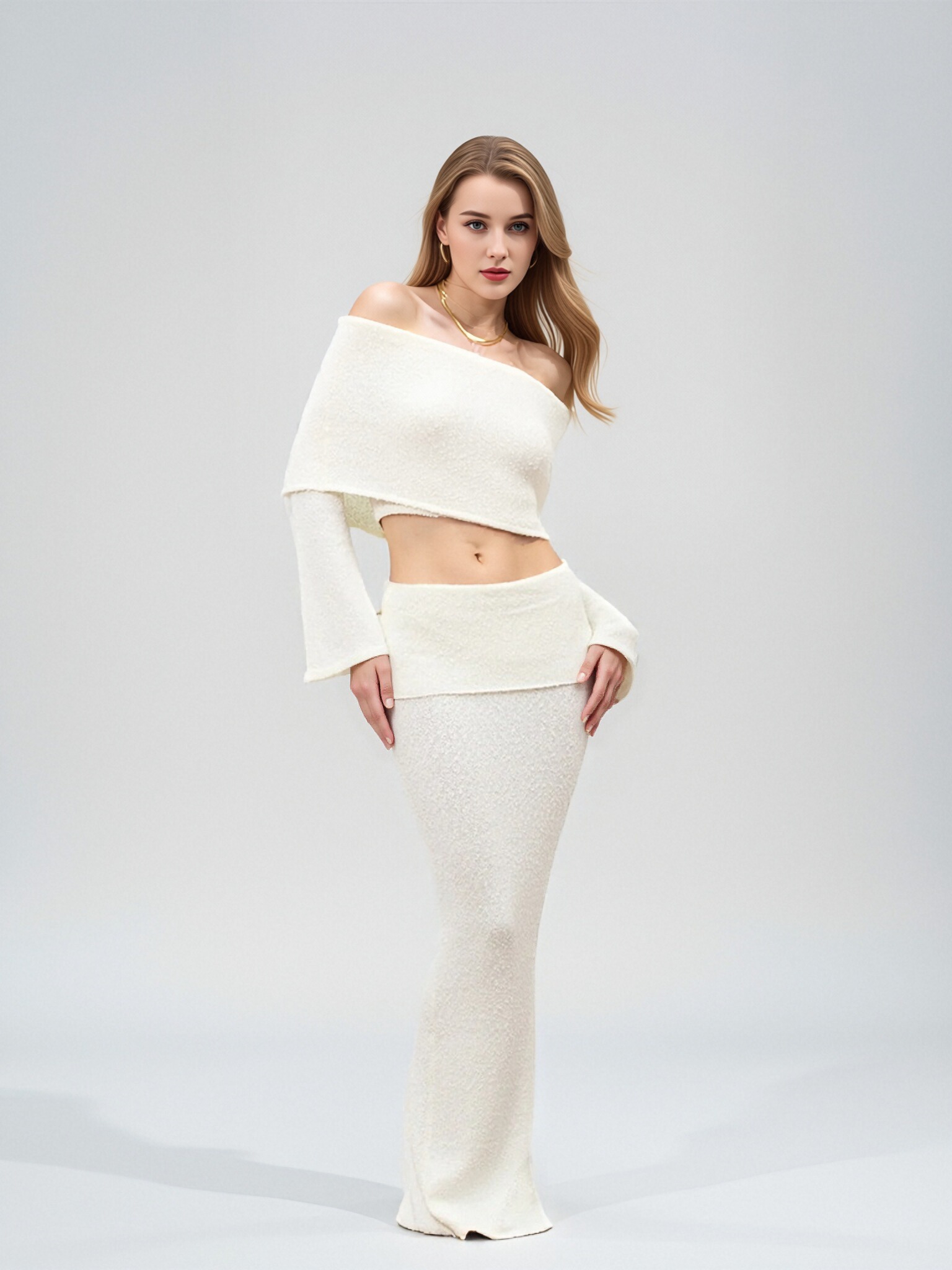 Women Off Shoulder Flare Sleeve Knit 2 Piece Set, Cropped Fold Over Bardot Top Split Maxi Mermaid Skirt Matching Outfit, Textured Soft Knit Bodycon Two Piece Dress Set Evening Club Matching Suit