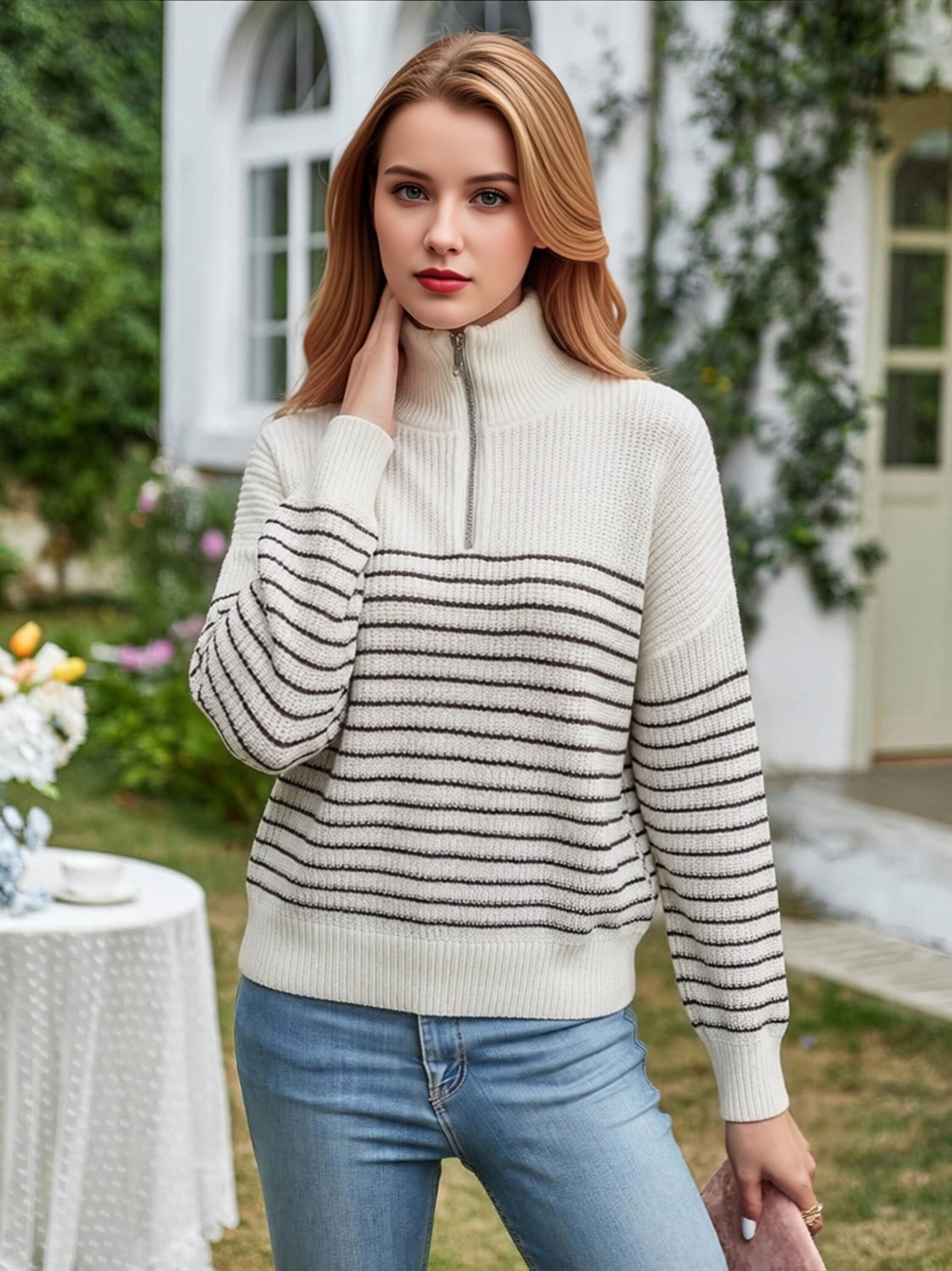 Women Half Zip Collar Striped Knit Sweater, Loose Drop Shoulder Waffle Knit Long Sleeve Pullover, Casual Black White Stripe Quarter Zip Jumper view 4