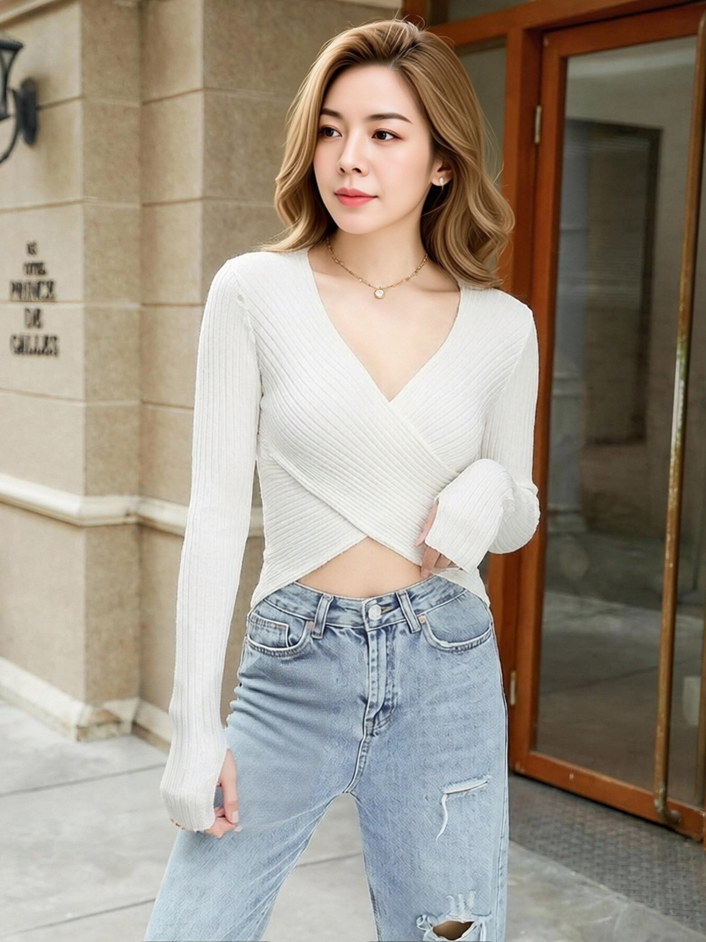 Women White Ribbed Knit Wrap Crop Top, Deep V Cross Front Long Sleeve Slim Fitted T-Shirt, Y2K Crisscross Waist Cut Out Going Out Knit Top view 7