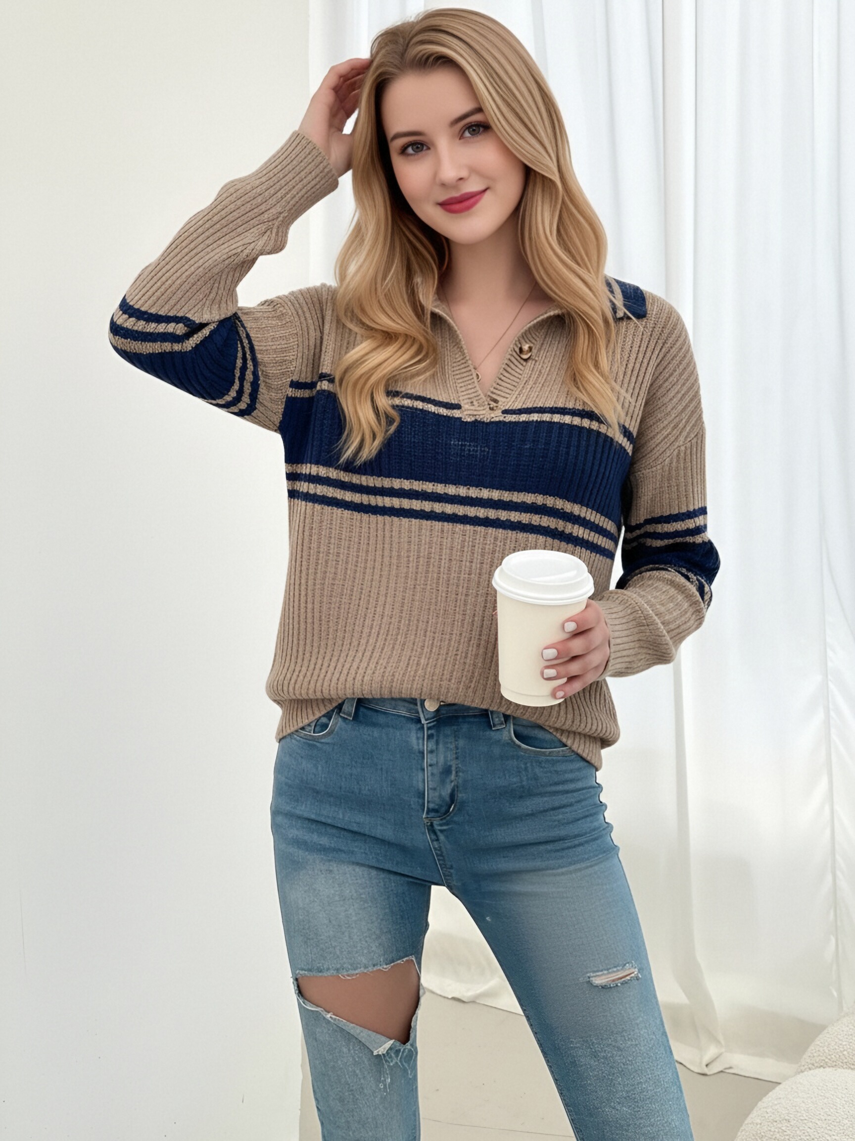 Women Lapel Half Zip Striped Knit Sweater, Khaki Navy Color Block Ribbed Pullover Jumper, Loose Drop Shoulder Long Sleeve Preppy Casual Knit Top for Spring Autumn
