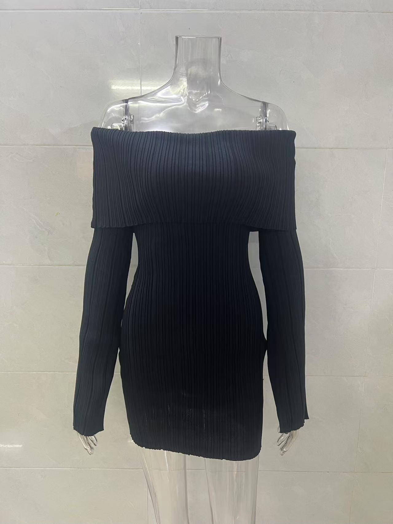 Women White Off‑The‑Shoulder Long Sleeve Knit Mini Dress, Fold Over Boat Neck Ribbed Bodycon Sweater Dress, Sexy Slim Fit Party Short Dress view 7