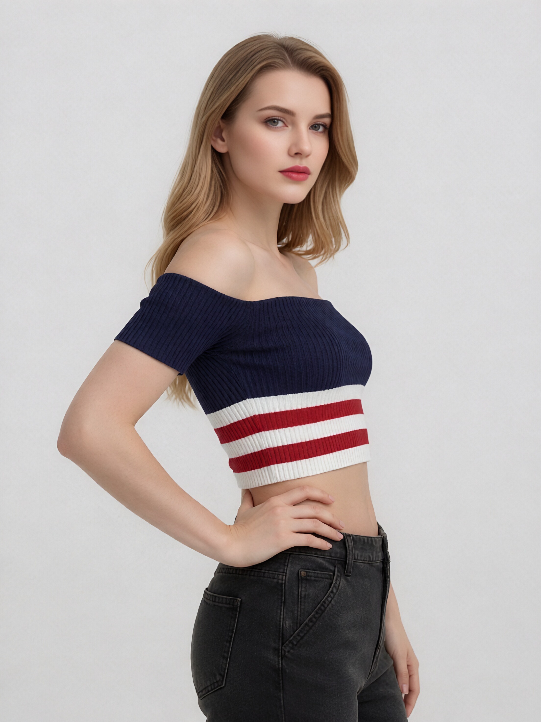 Women Off Shoulder Short Sleeve Ribbed Knit Crop Top, Navy White Red Stripe Color Block Slim Fit Y2K Cropped Knit Tee, Summer Casual Striped Bandeau Knit Blouse view 4