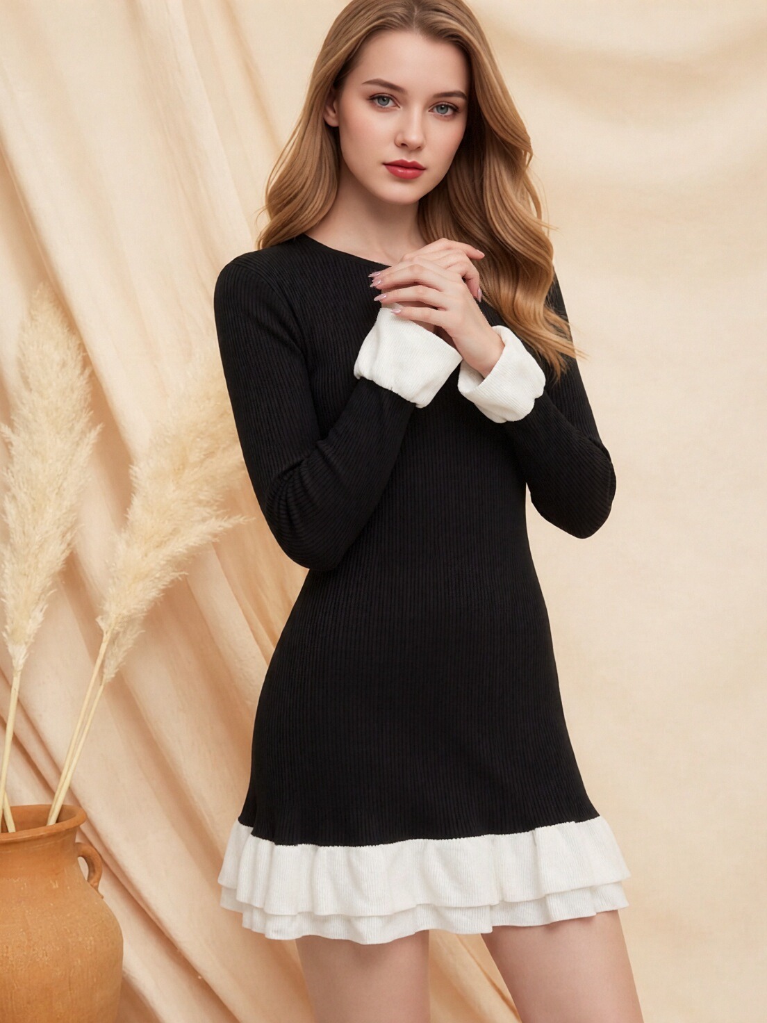 Women Black White Contrast Long Sleeve Knit Mini Dress, Round Neck Ribbed Bodycon Sweater Dress, Ruffled Hem Cuffs Slim Fit Short Party Dress view 4