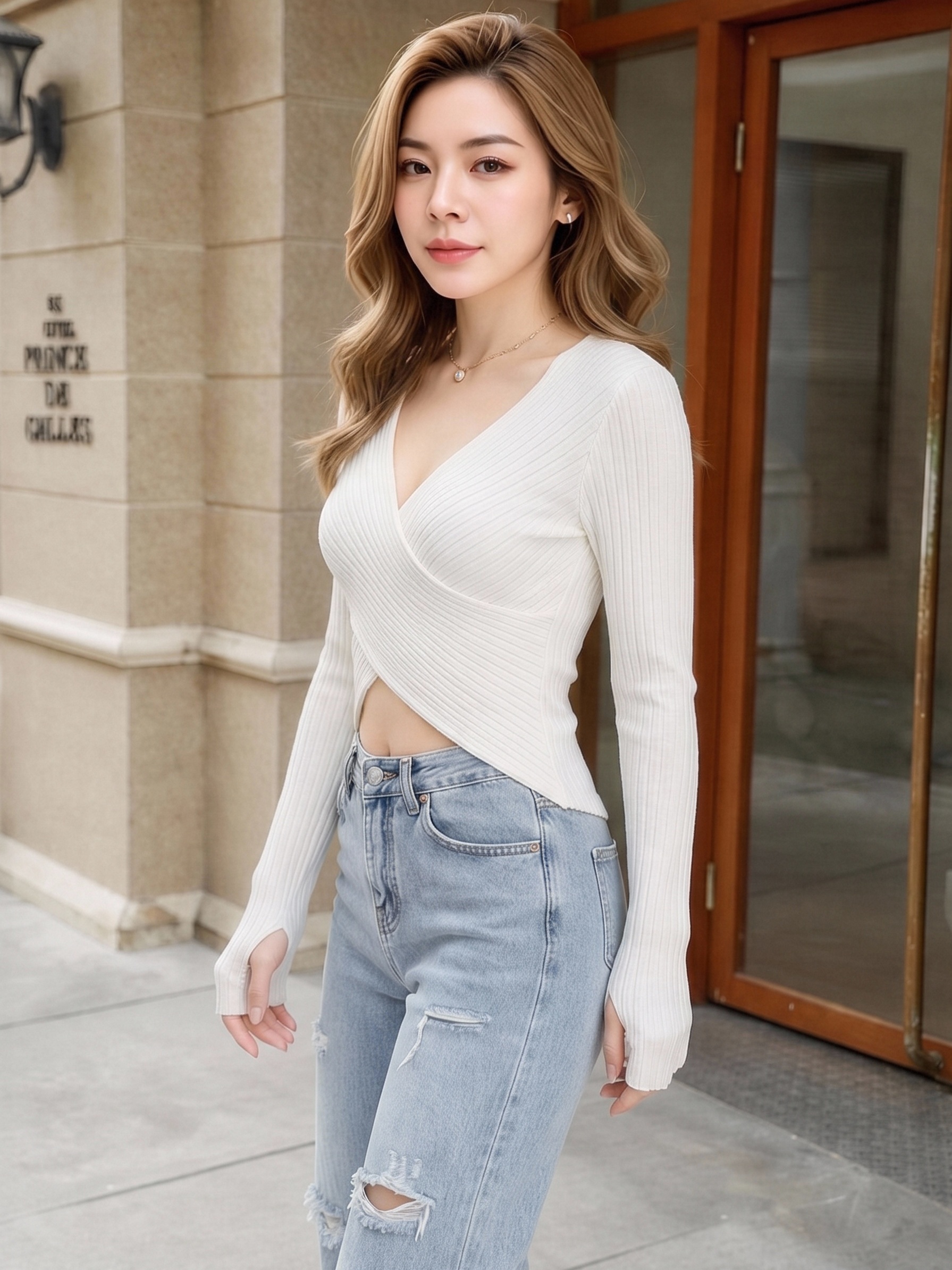 Women White Ribbed Knit Wrap Crop Top, Deep V Cross Front Long Sleeve Slim Fitted T-Shirt, Y2K Crisscross Waist Cut Out Going Out Knit Top view 3