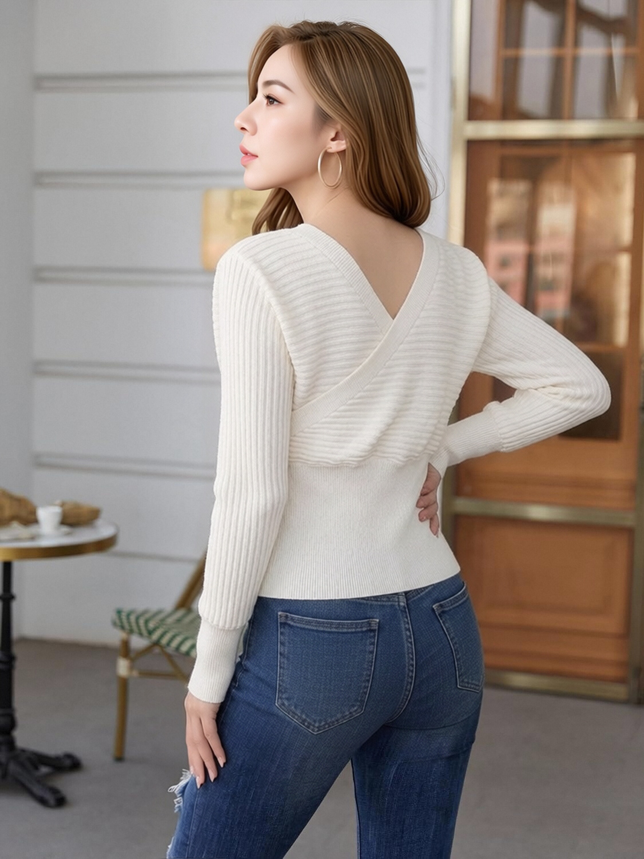 Women Double V Cross Wrap Knit Top, Front & Back Deep V Ribbed Long Sleeve Sweater, Slim Fitted Waist Crop Knit Blouse, Elegant Basic Layering Shirt view 2