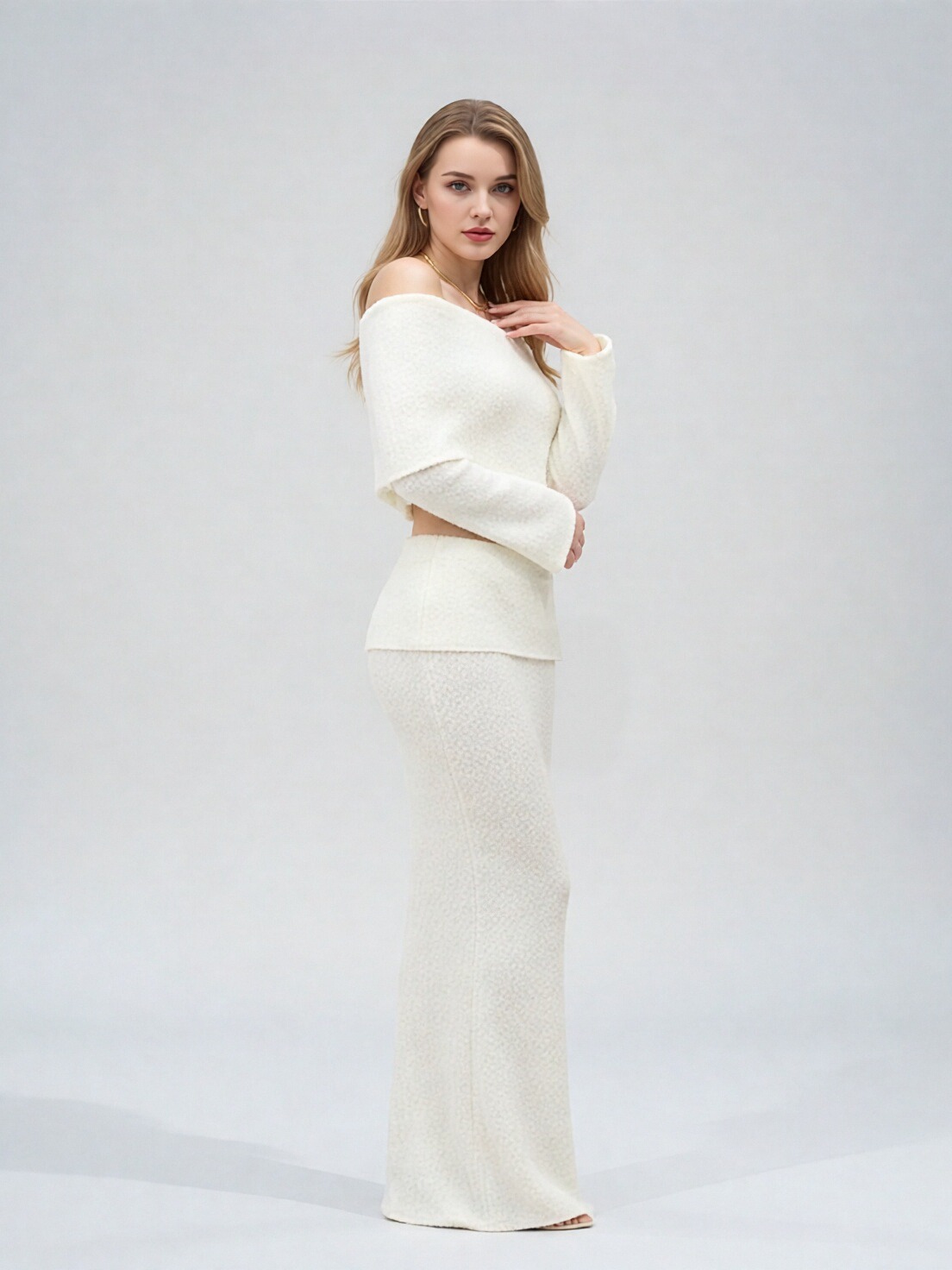 Women Off Shoulder Flare Sleeve Knit 2 Piece Set, Cropped Fold Over Bardot Top Split Maxi Mermaid Skirt Matching Outfit, Textured Soft Knit Bodycon Two Piece Dress Set Evening Club Matching Suit view 3