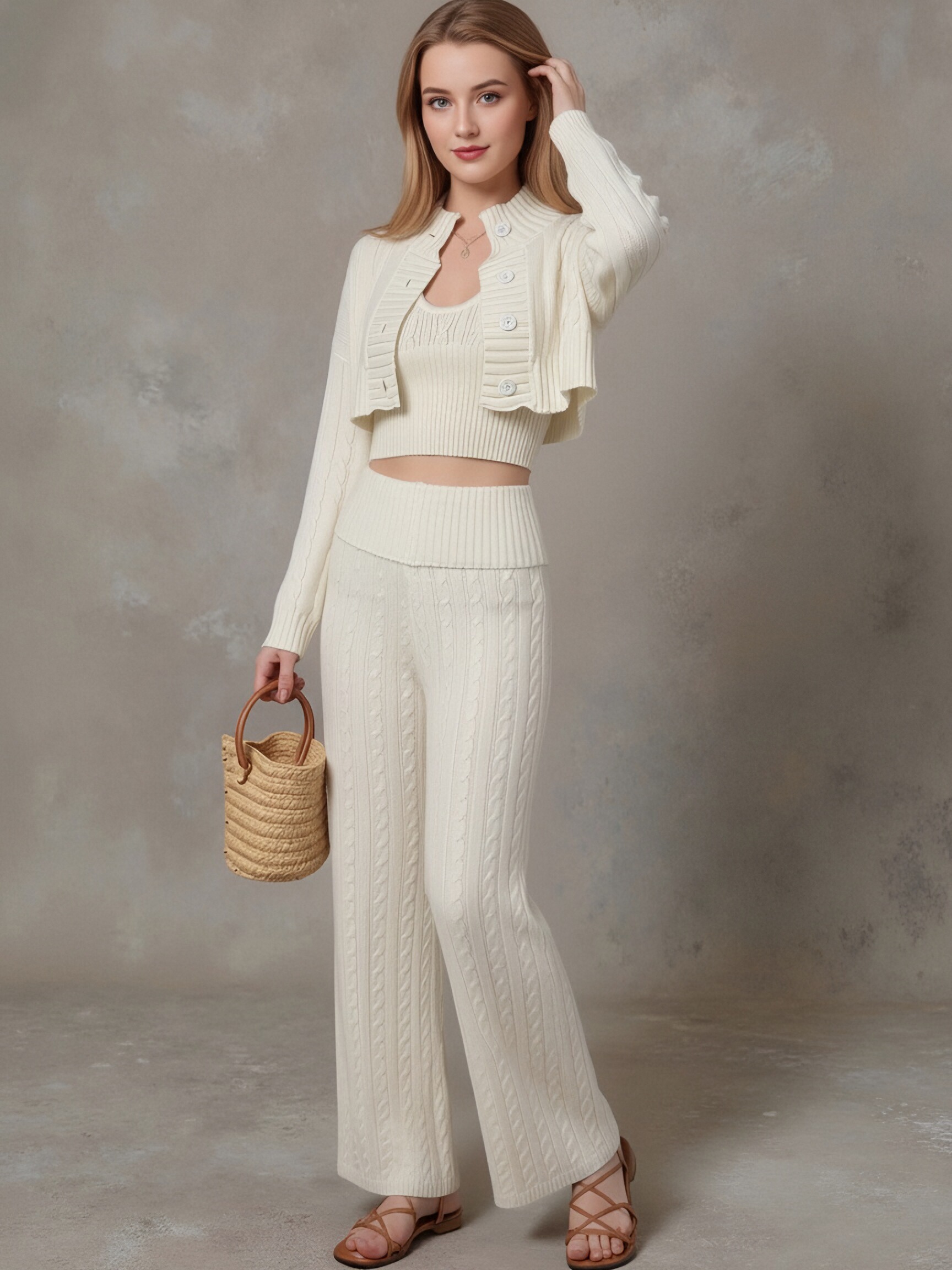 Women 3‑Piece Cable Knit Outfit, Cropped Cardigan + Camisole Top + Wide Leg Pants Sweater Set, Long Sleeve Casual Knitted Loungewear Suit