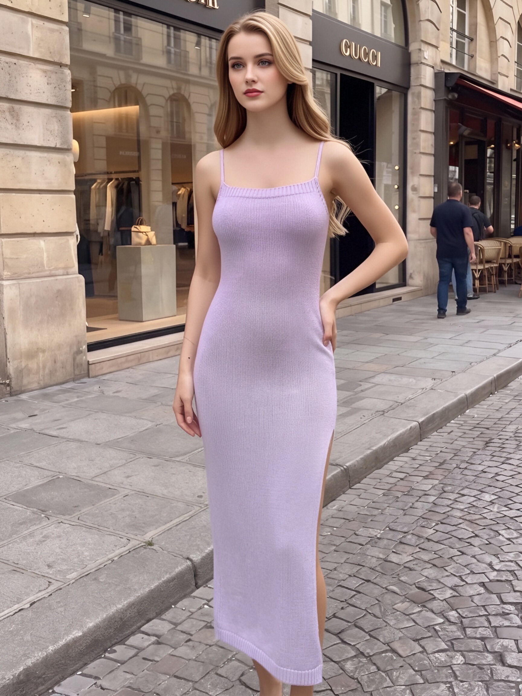 Women Spaghetti Strap Ribbed Knit Midi Dress, Back Lace Up Crisscross Cutout Side Slit Bodycon Cami Dress, Solid Color Slim Fit Party Club Knit Long Dress view 4