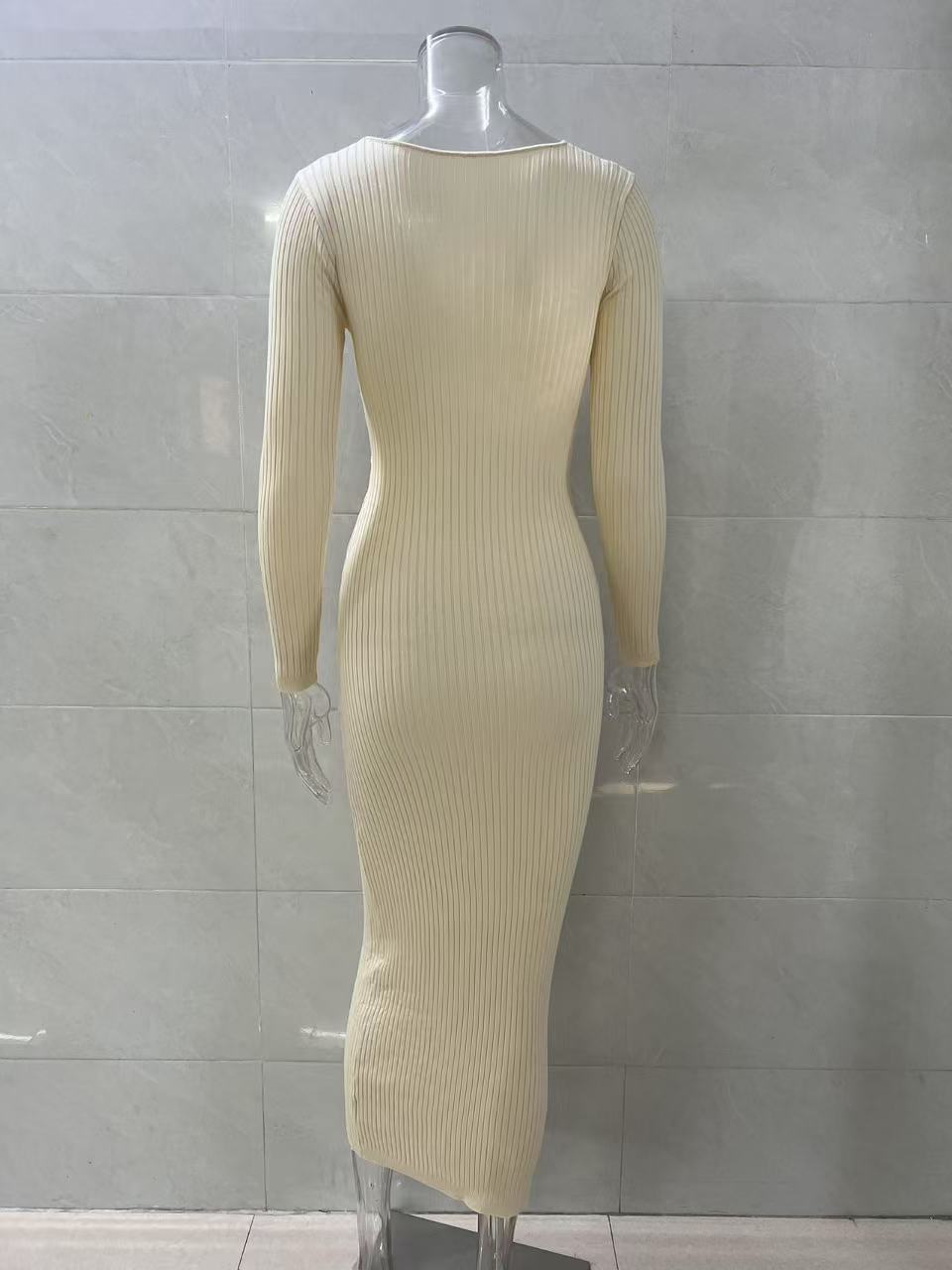 Women Beige V‑Neck Twist Front Long Sleeve Knit Midi Dress, Ribbed Bodycon Sweater Dress, Slim Fit Casual Party Pencil Long Dress view 8