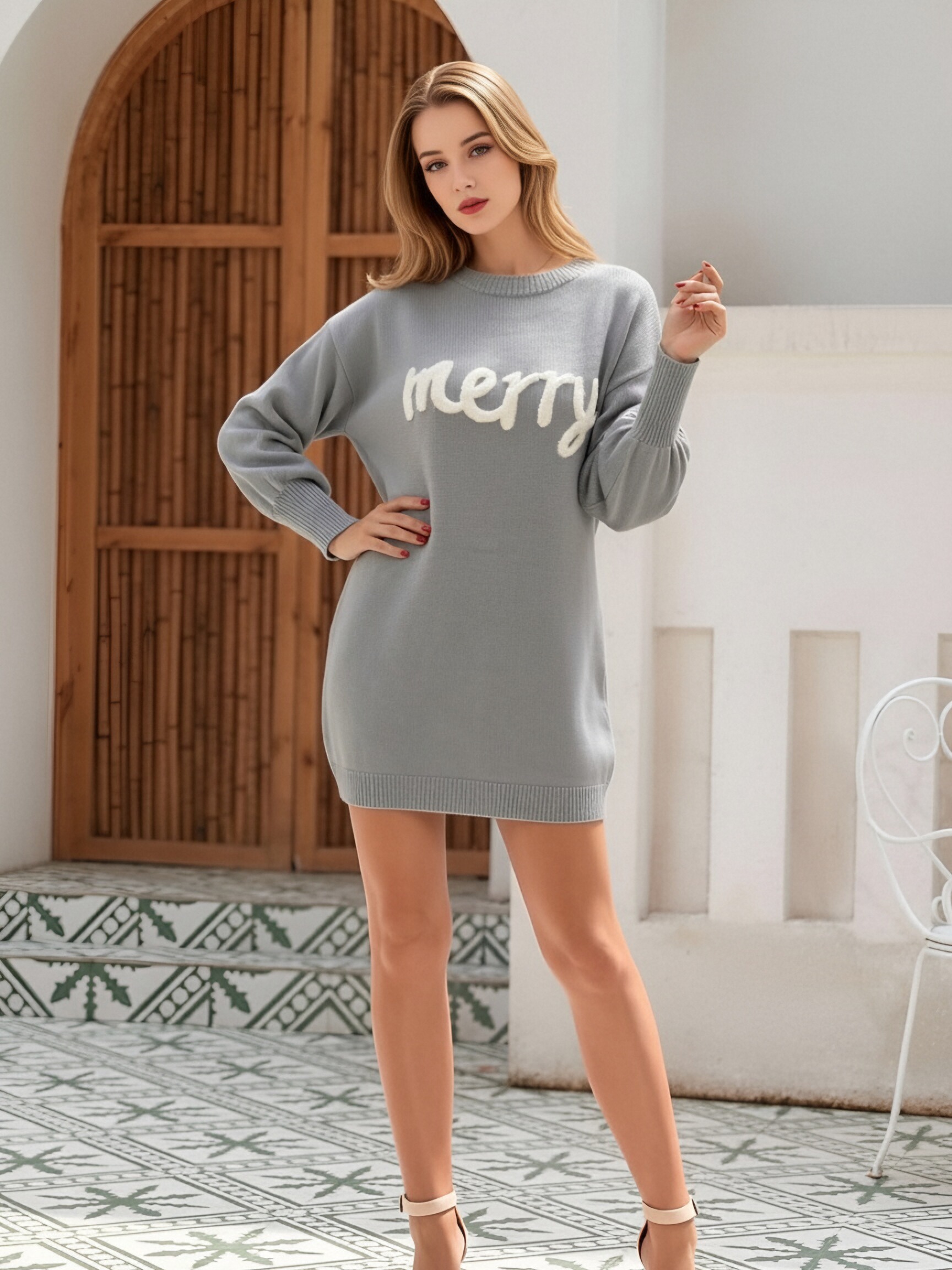 Women Christmas Merry Letter Embroidery Sweater Dress, Crew Neck Long Sleeve Loose Oversized Mini Knit Dress, Fall Winter Casual Pullover Tunic Dress view 10