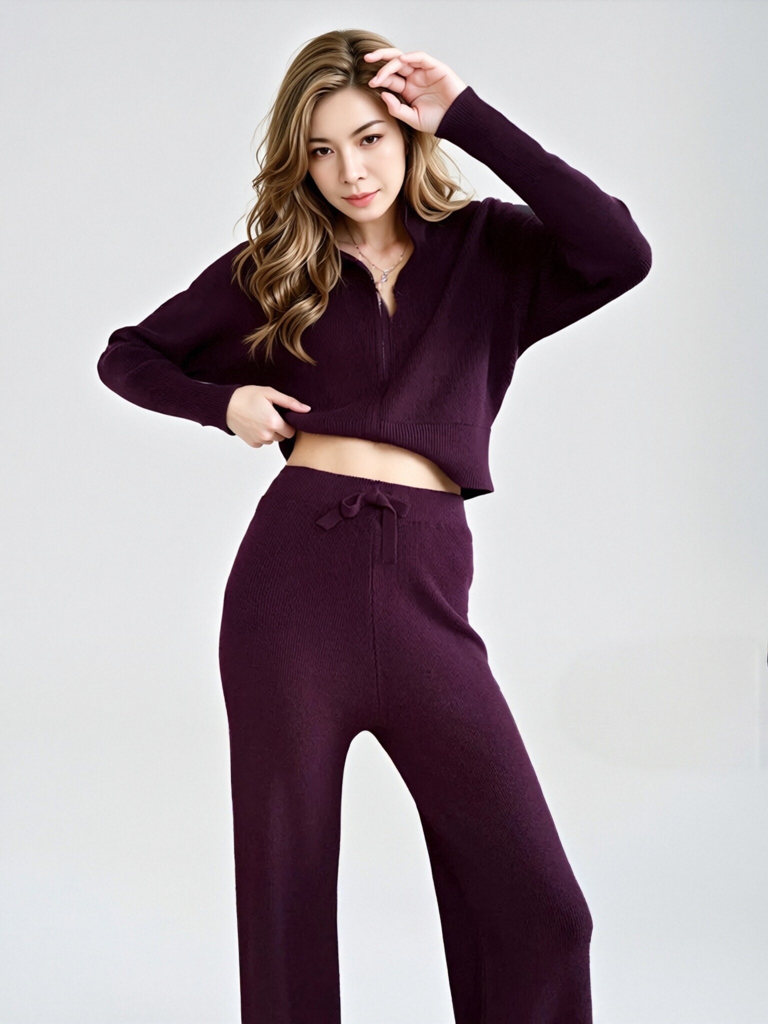 Women Gray Knit 2 Piece Tracksuit Set, Zip Up Stand Collar Cropped Jacket + Drawstring Wide Leg Pants, Casual Loungewear Matching Outfit view 6