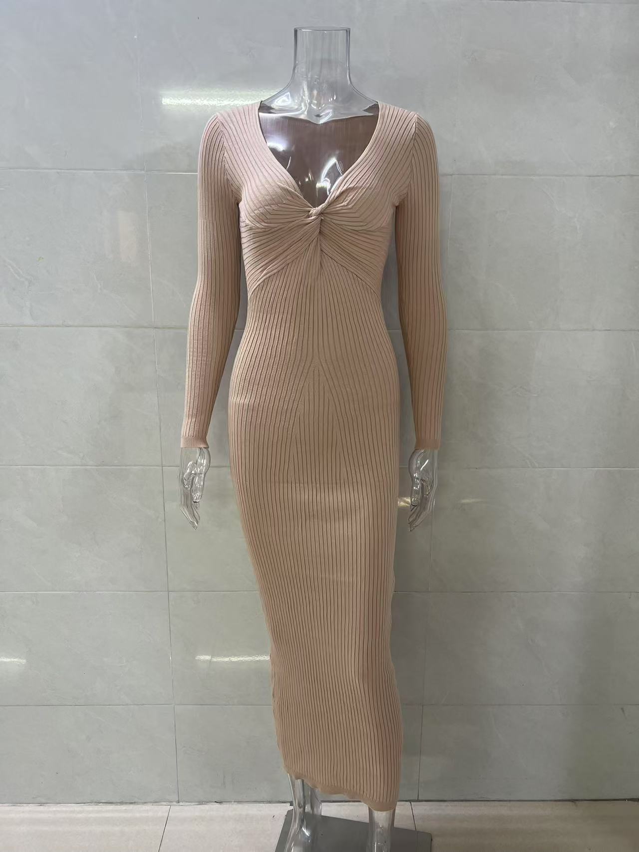 Women Beige V‑Neck Twist Front Long Sleeve Knit Midi Dress, Ribbed Bodycon Sweater Dress, Slim Fit Casual Party Pencil Long Dress view 9