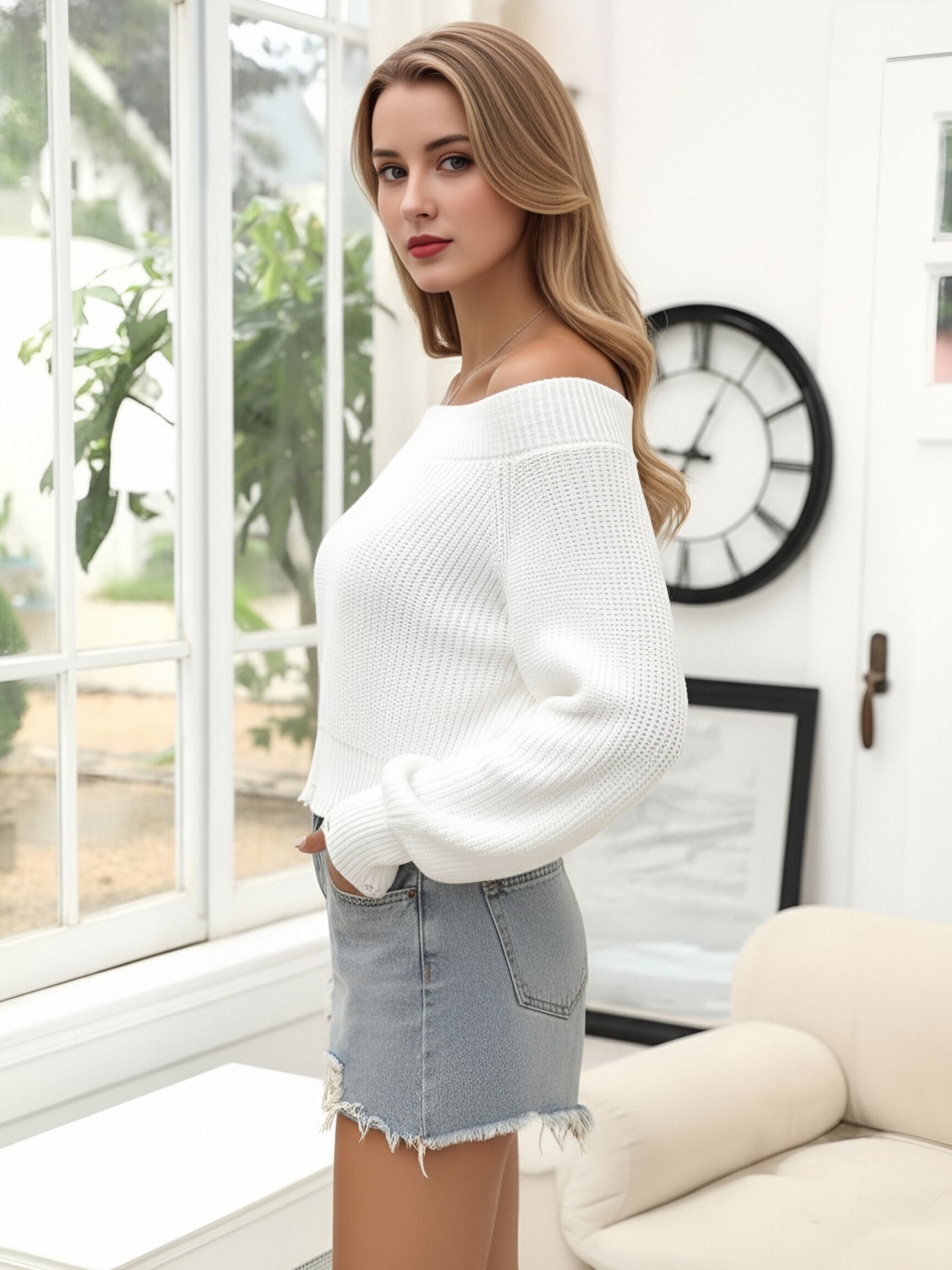 Women Off Shoulder Distressed Knit Crop Sweater, White Waffle Textured Long Puff Sleeve Slash Neck Ripped Hem Cropped Pullover, Y2K Casual Loose Knit Top view 3