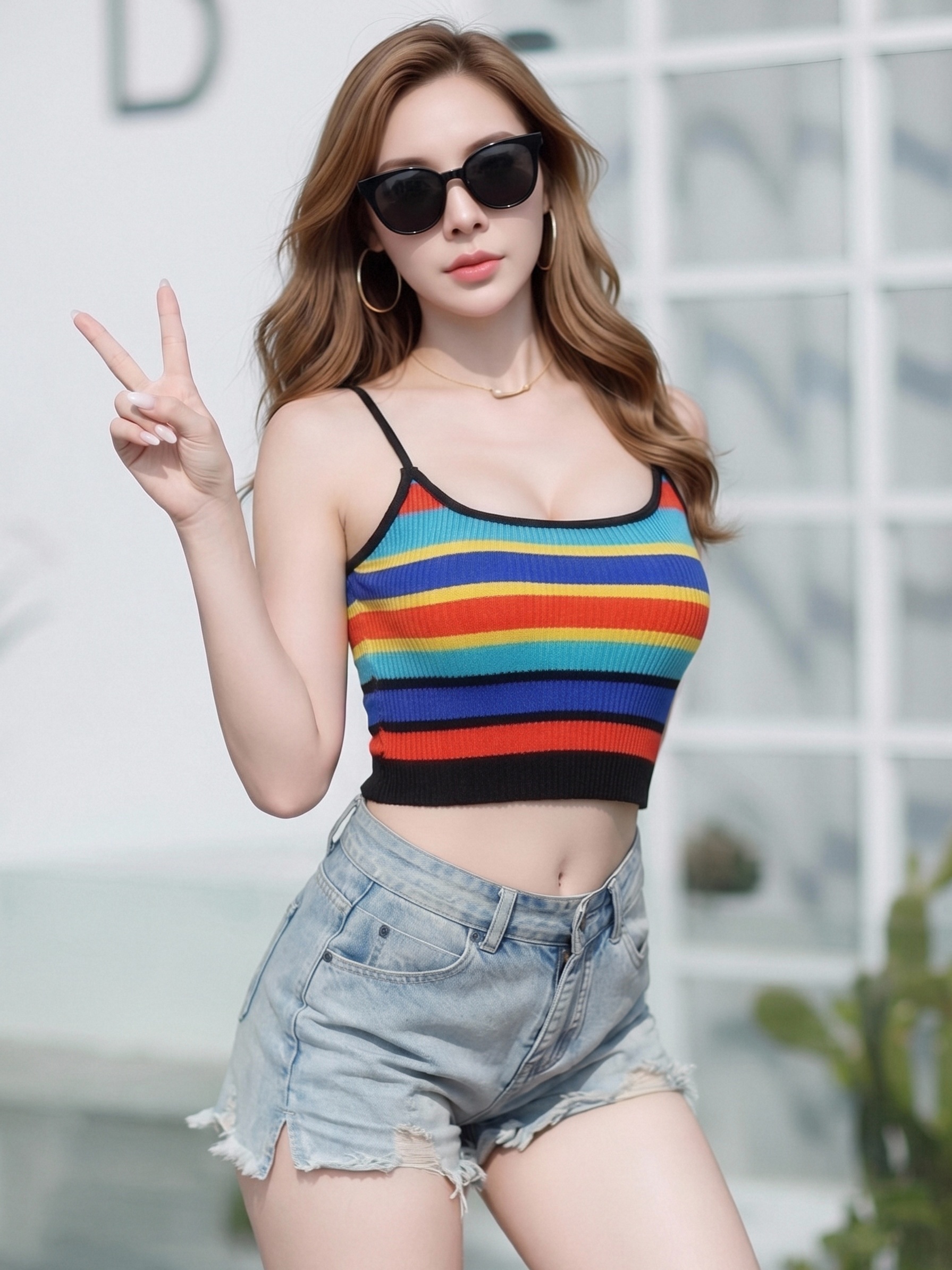Women Rainbow Stripe Ribbed Knit Cami Top, Thin Spaghetti Strap U Neck Cropped Tank Top, Y2K Summer Slim Fit Colorful Striped Sleeveless Camisole view 3