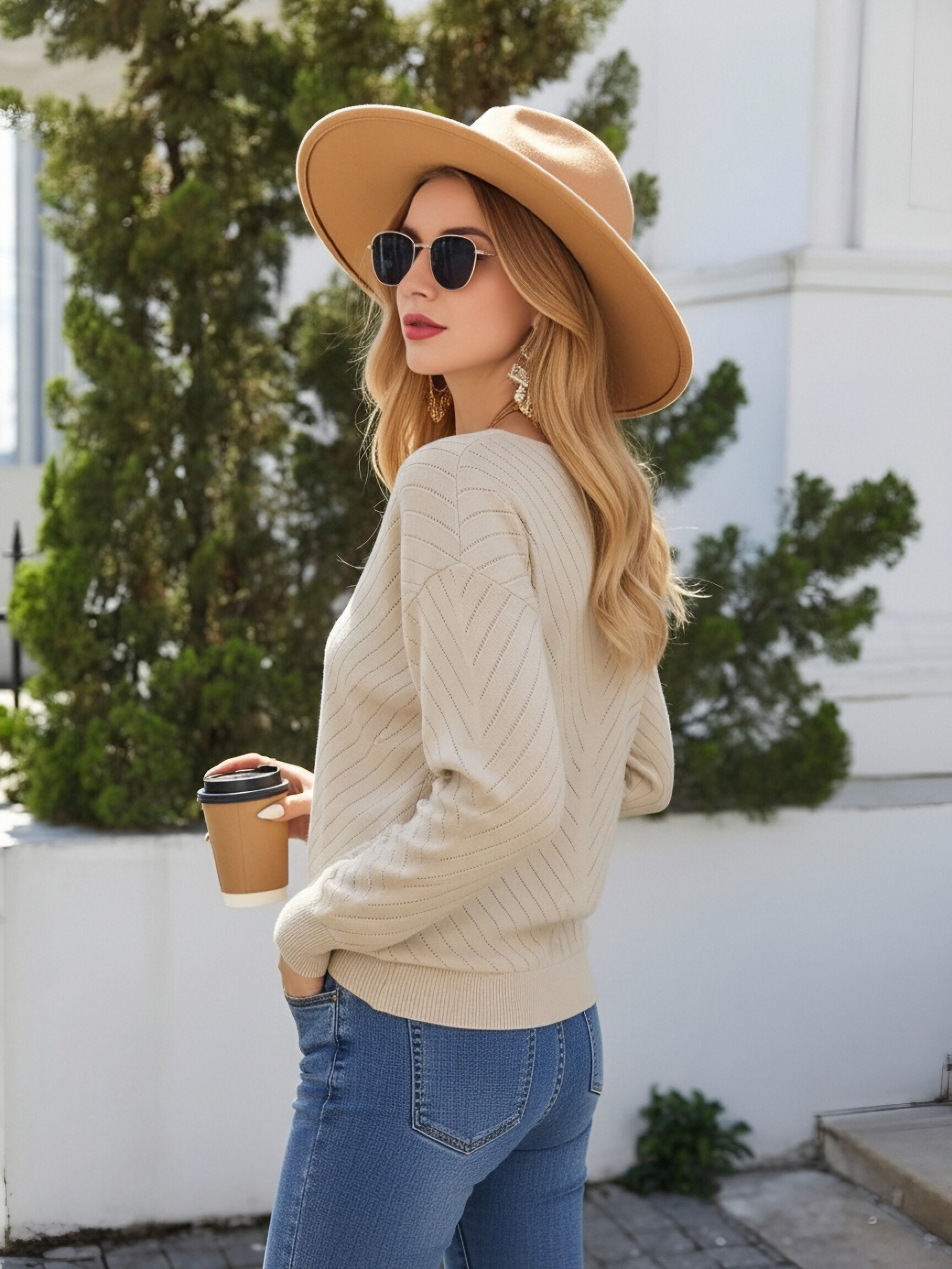 Women V‑Neck Long Sleeve Hollow Knit Sweater Top, Diagonal Textured Loose Casual Pullover Jumper, Lightweight Knit Blouse For Autumn view 2