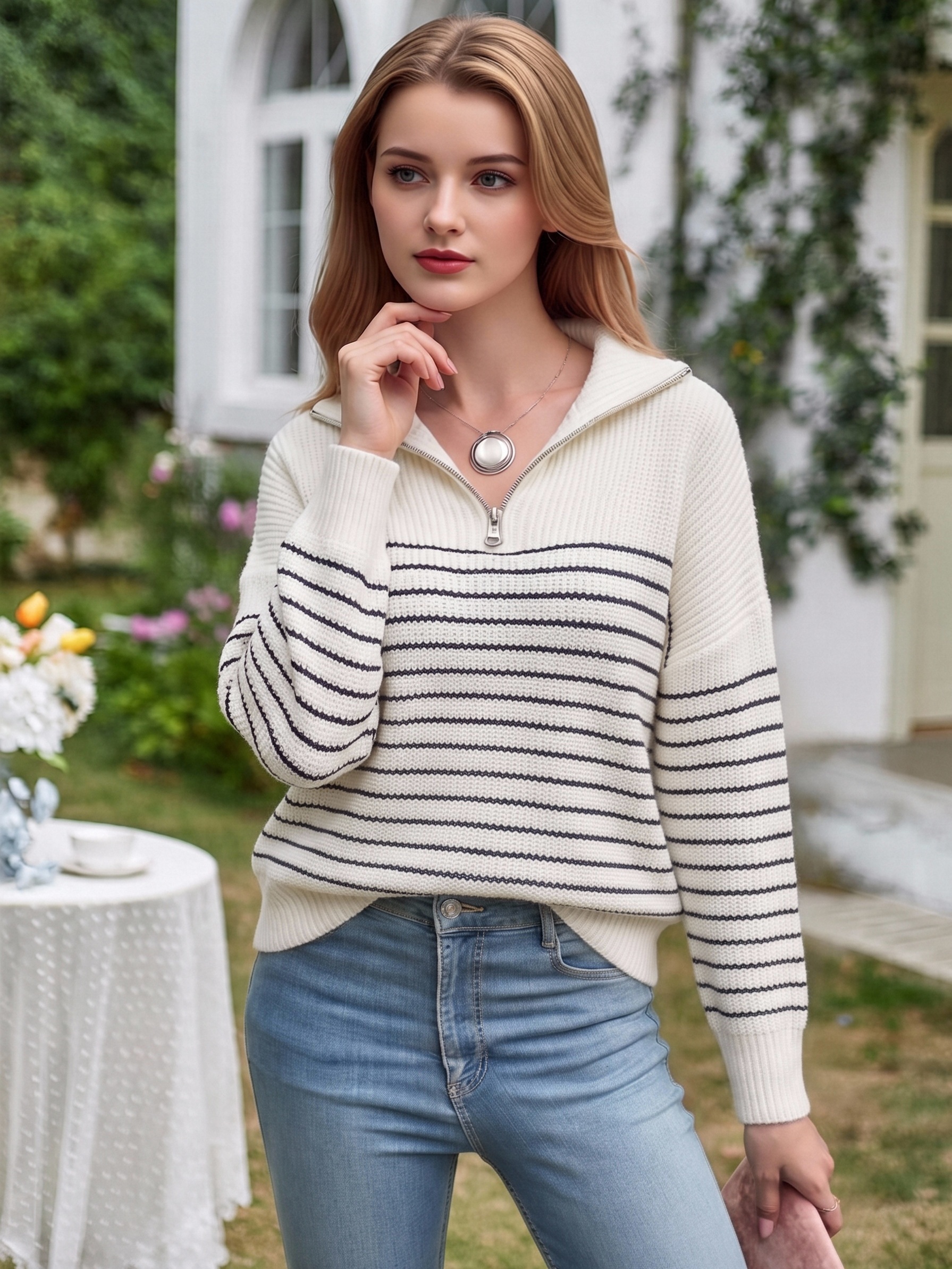 Women Half Zip Collar Striped Knit Sweater, Loose Drop Shoulder Waffle Knit Long Sleeve Pullover, Casual Black White Stripe Quarter Zip Jumper