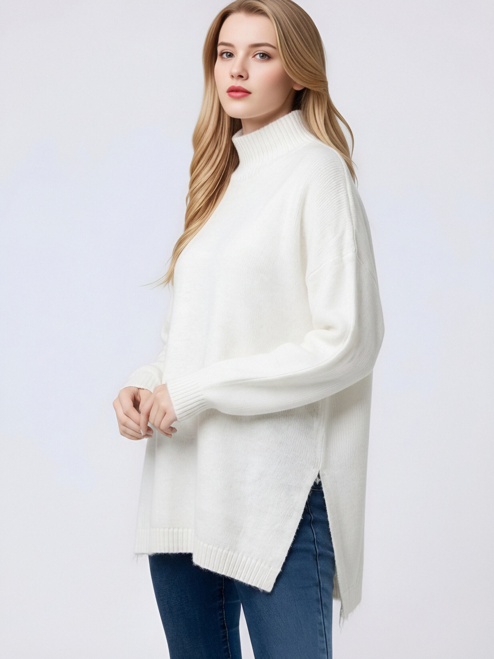 Oversized White Turtleneck Knit Sweater For Women, Loose Long Sleeve Slit Hem Mid-Length Pullover, Soft Casual High Neck Side Split Knit Jumper view 3
