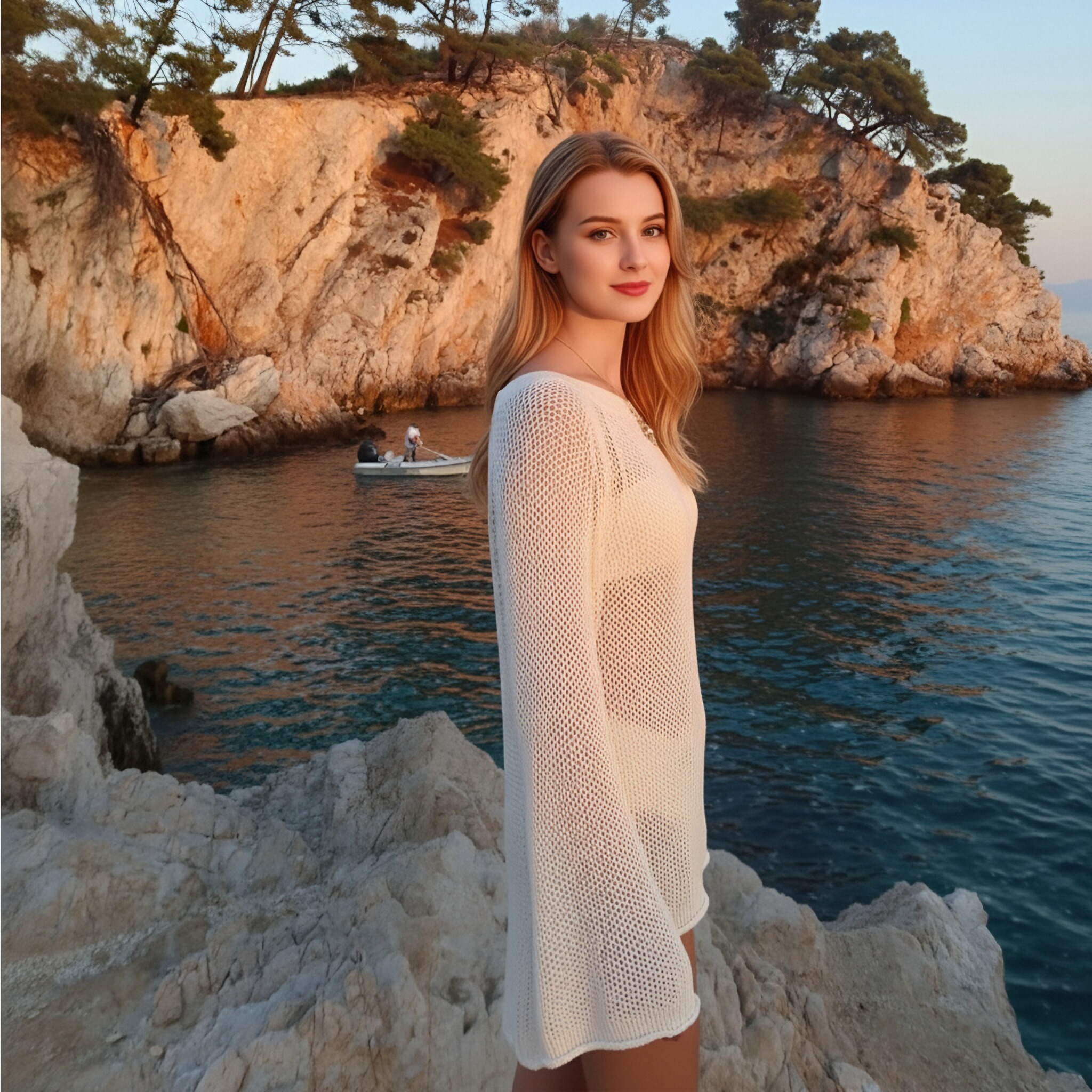 White Hollow Out Mesh Knit Beach Cover Up Dress, Off Shoulder Flare Long Sleeve Sheer Crochet Tunic Top, Summer Swimwear Bikini Coverup Mini Dress view 4