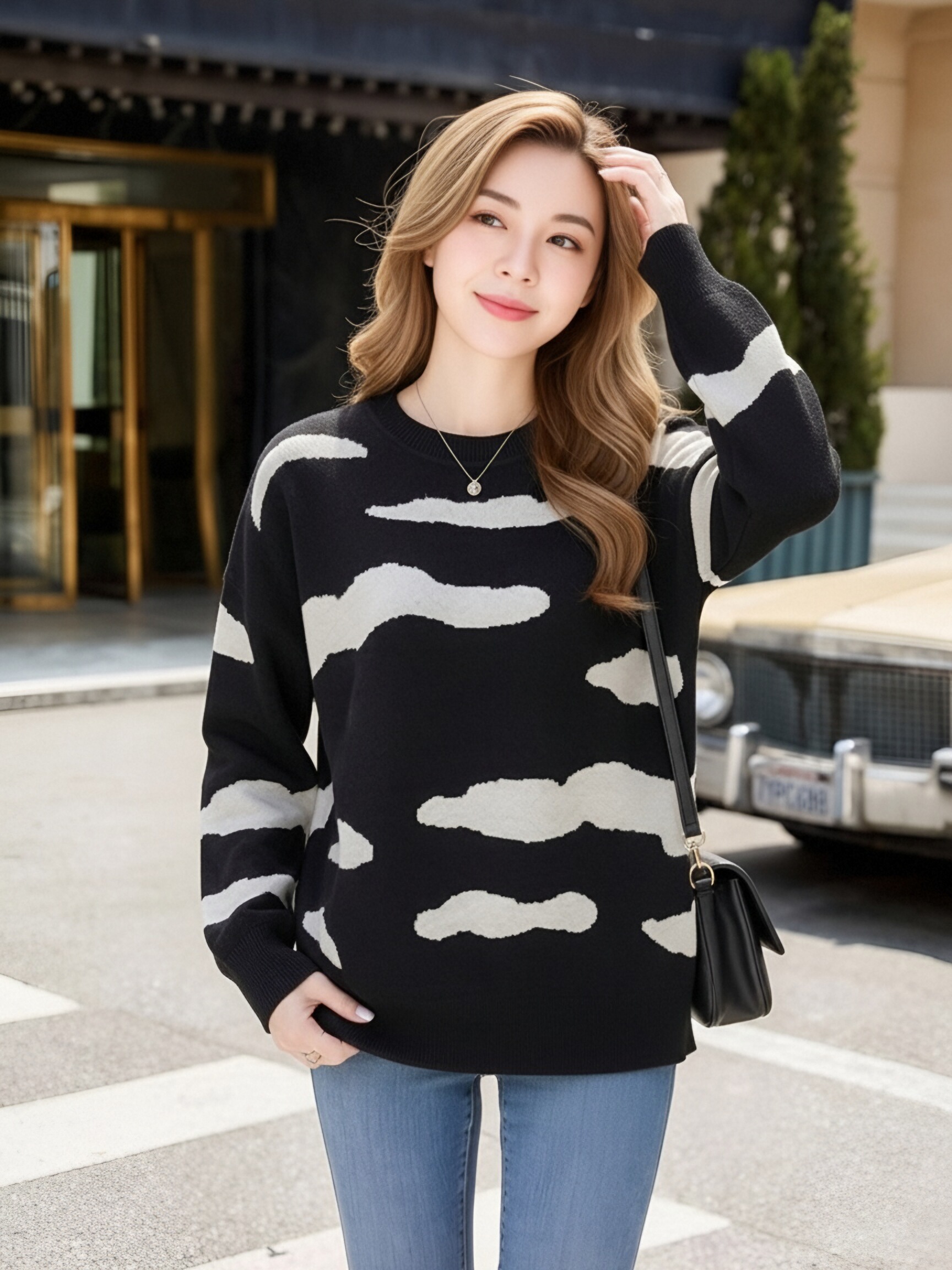 Women Black White Cloud Print Crew Neck Knit Sweater, Loose Oversized Long Sleeve Pullover Top, Casual Soft Knit Daily Streetwear Jumper view 2