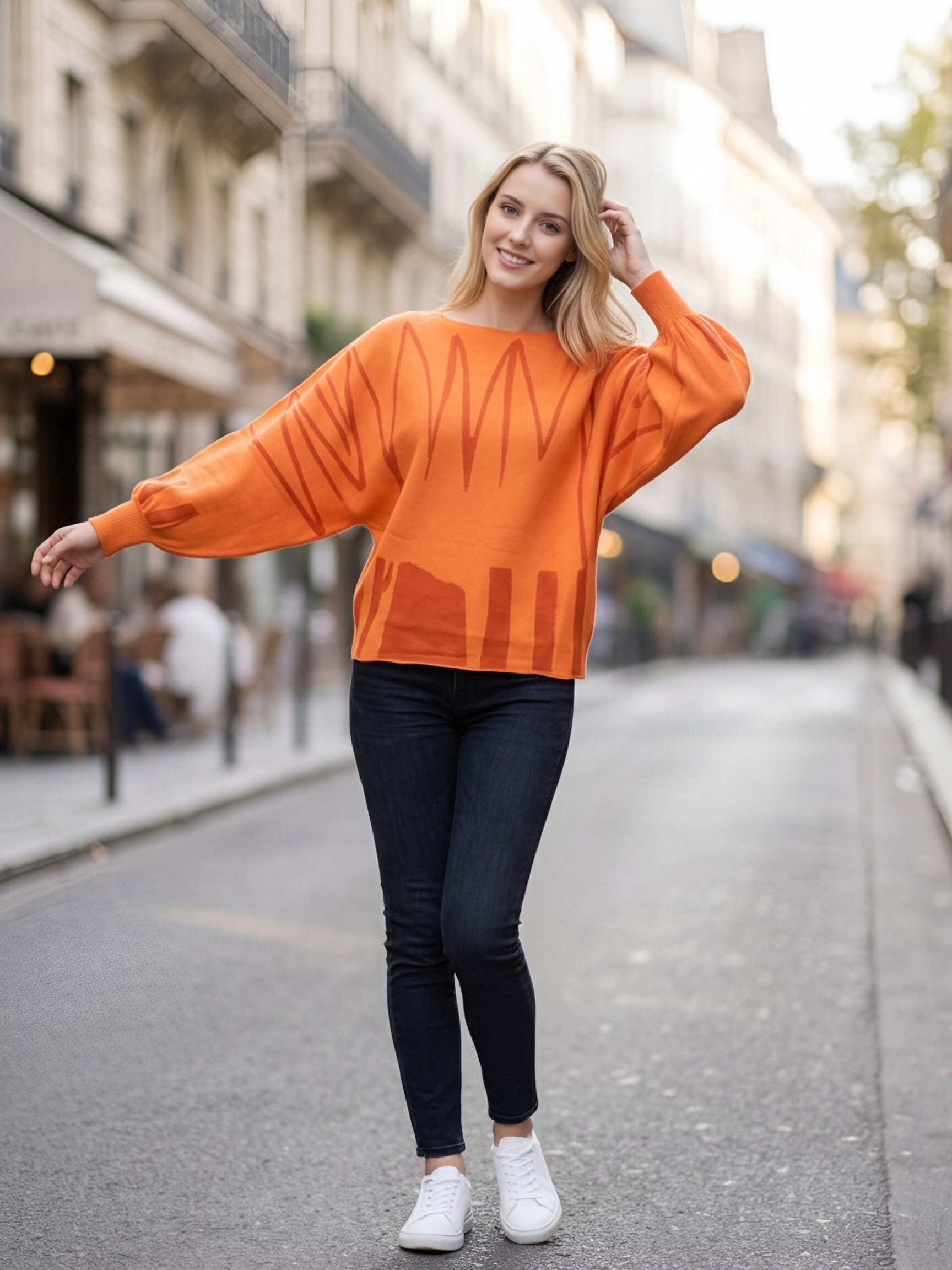 Women Boat Neck Abstract Geometric Print Knit Sweater, Lantern Long Sleeve Loose Drop‑Shoulder Pullover, Casual Cropped Knit Top view 6