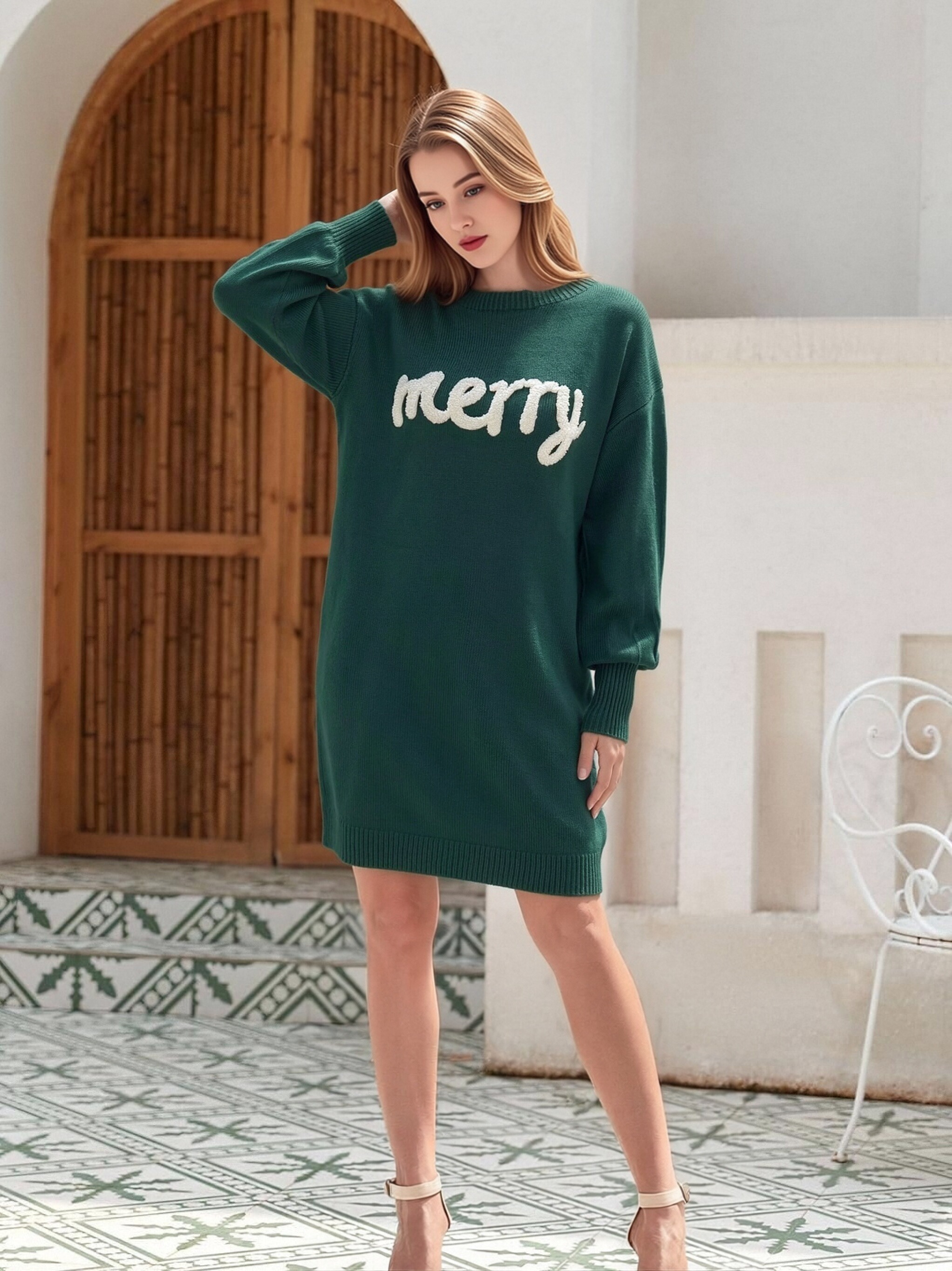 Women Christmas Merry Letter Embroidery Sweater Dress, Crew Neck Long Sleeve Loose Oversized Mini Knit Dress, Fall Winter Casual Pullover Tunic Dress view 15
